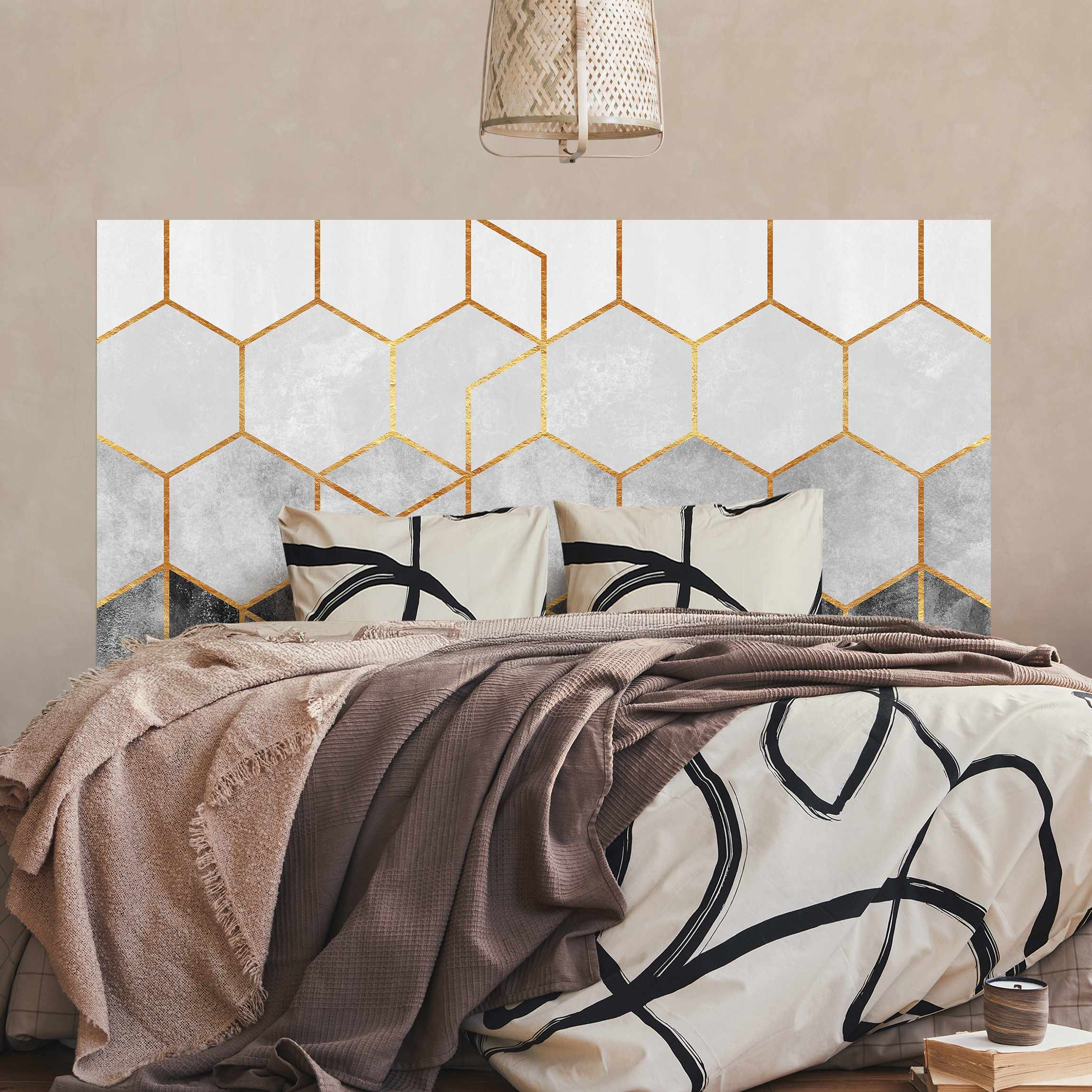 Kopfteil Bett Goldene Sechsecke Schwarz Weiß