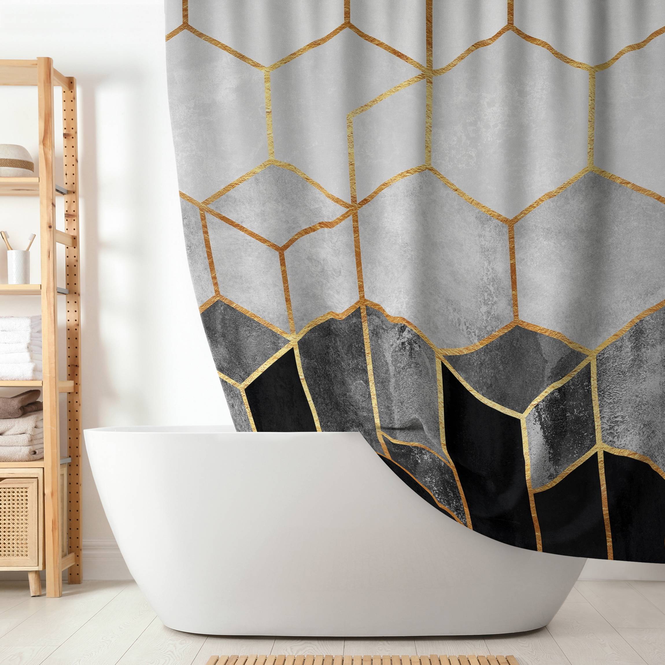 Duschvorhang Goldene Sechsecke Schwarz Weiß