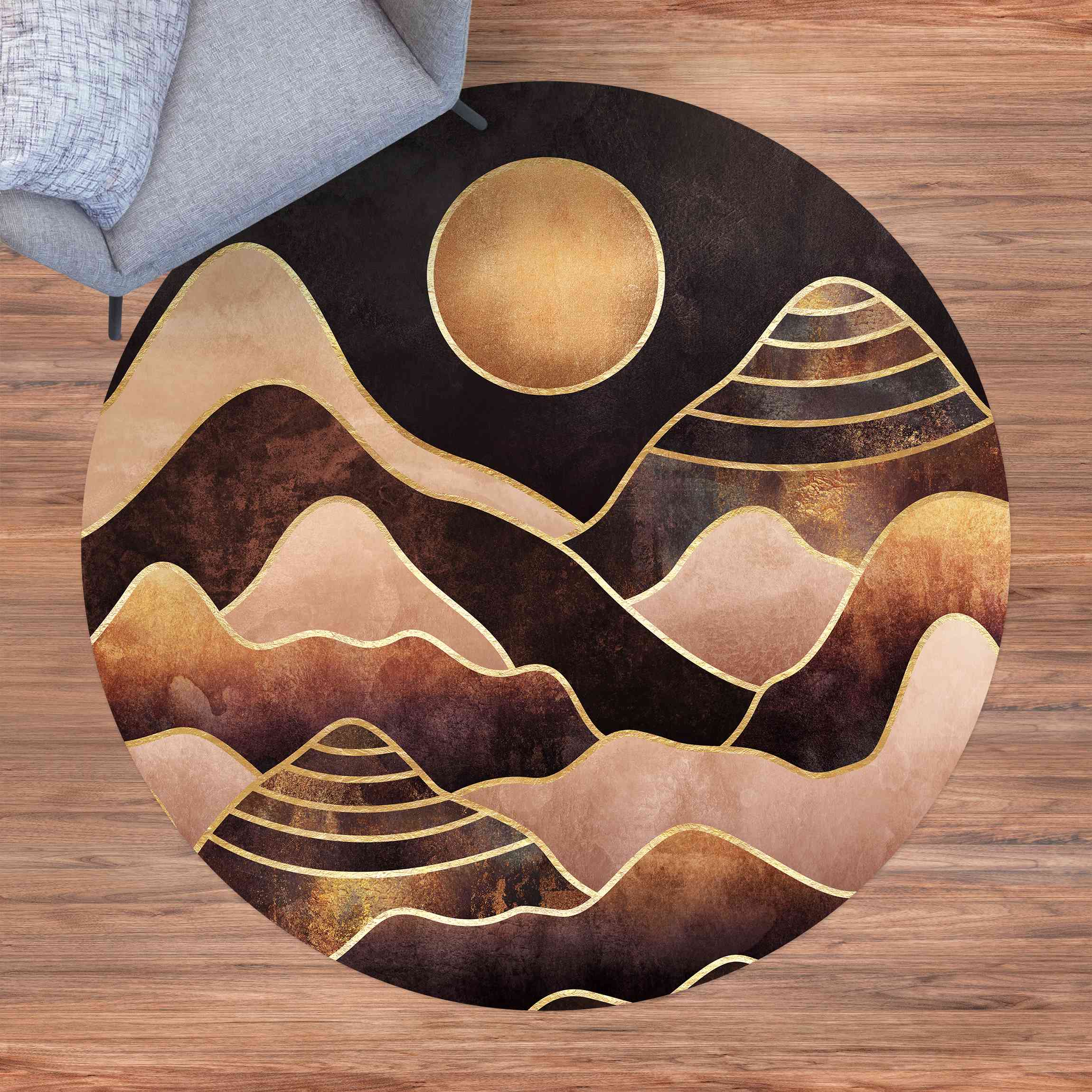 Runder Vinyl-Teppich Goldene Sonne abstrakte Berge