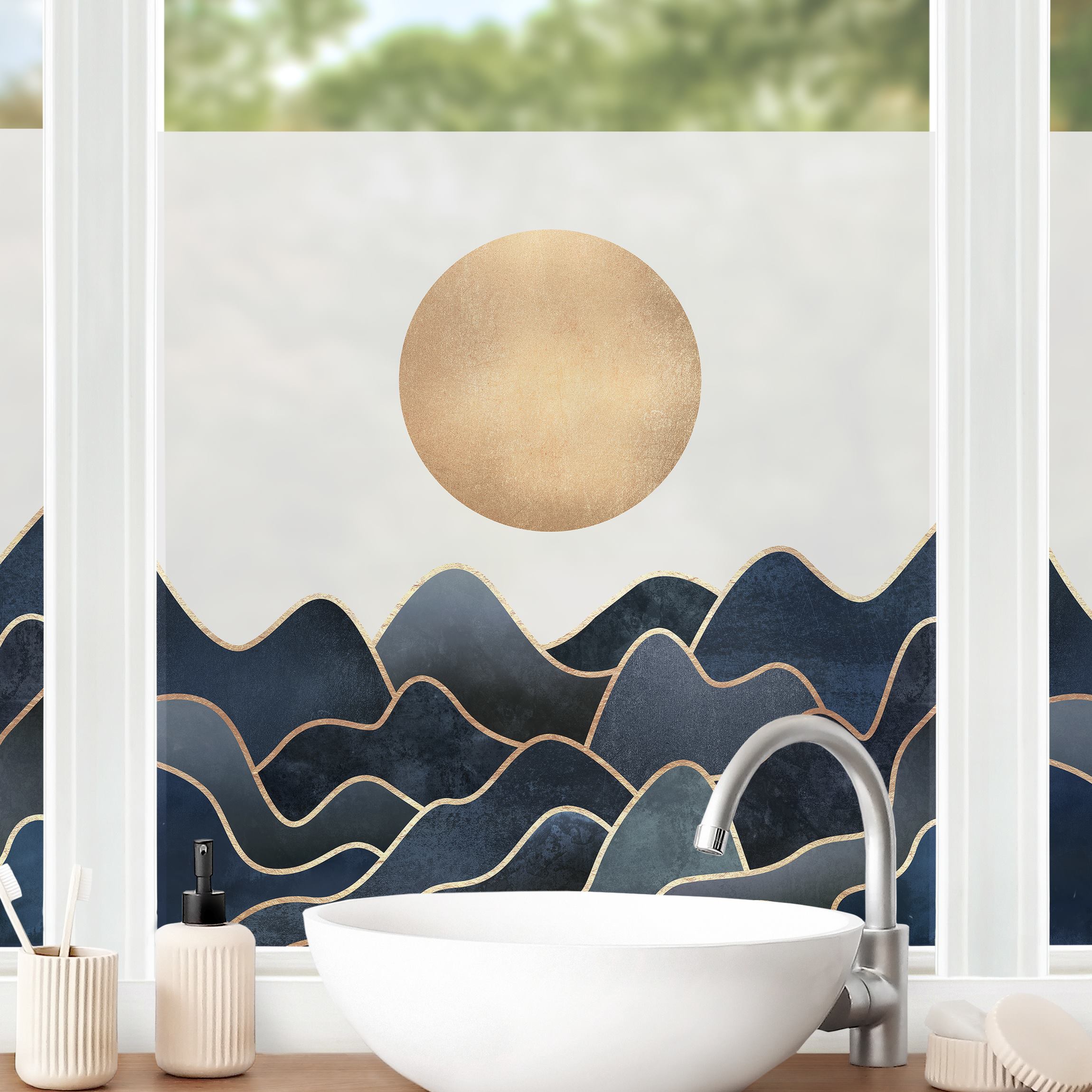 Fensterfolie Goldene Sonne blaue Wellen