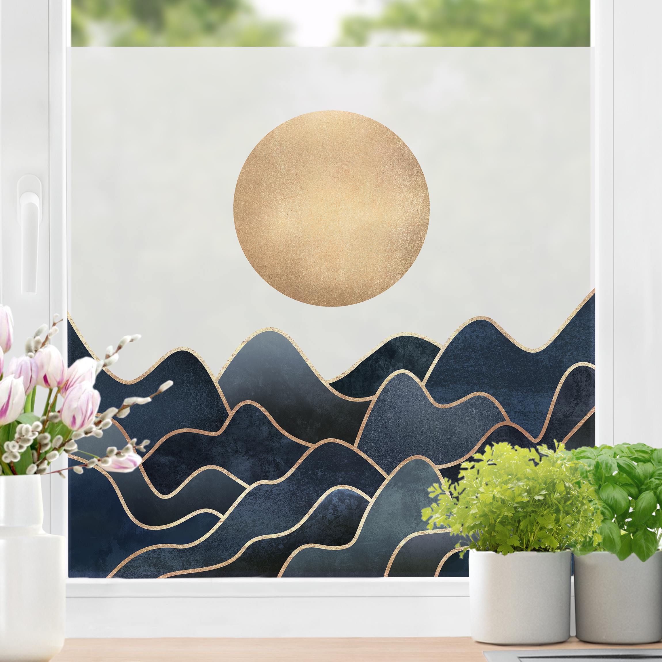 Fensterfolie Goldene Sonne blaue Wellen