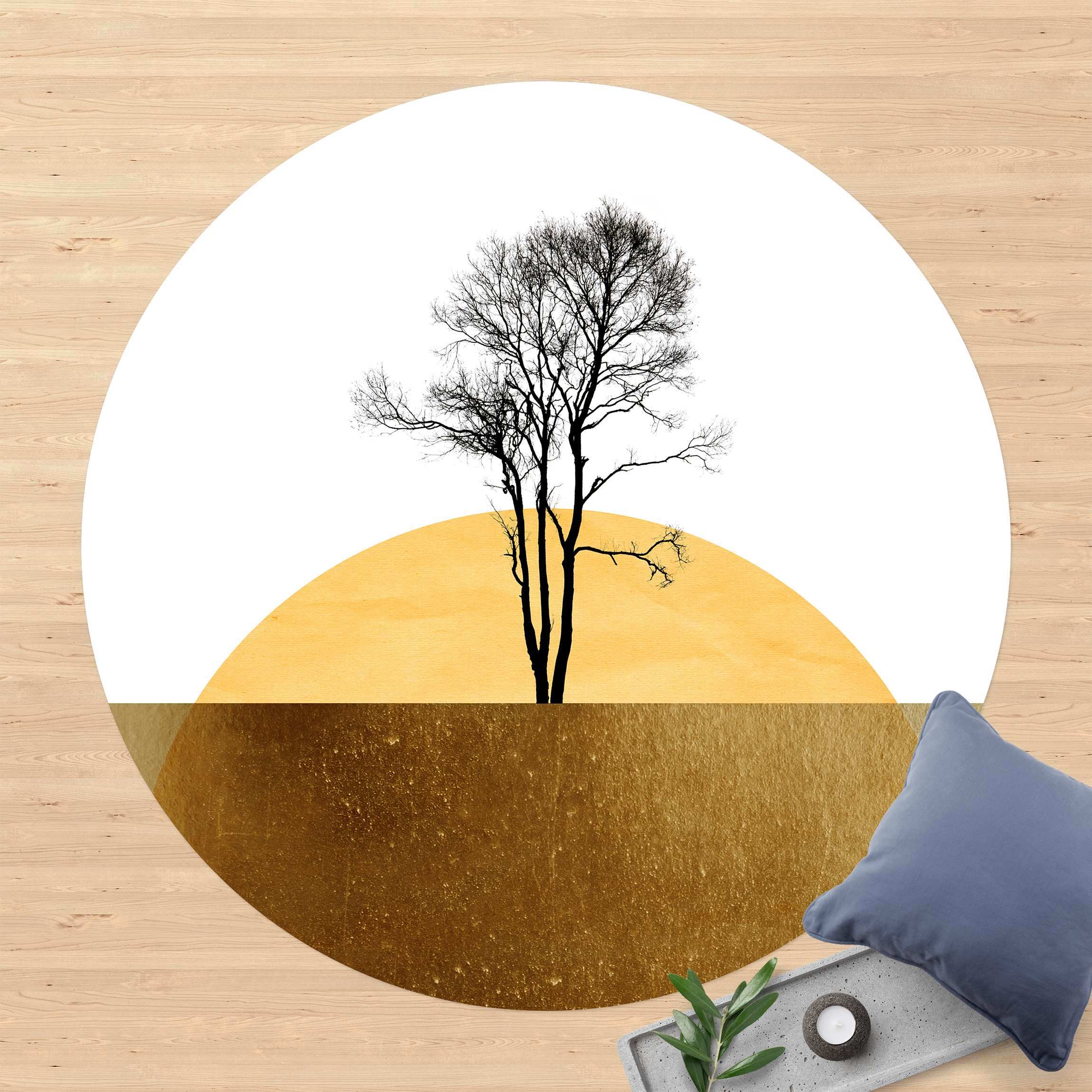 Runder Vinyl-Teppich Goldene Sonne mit Baum