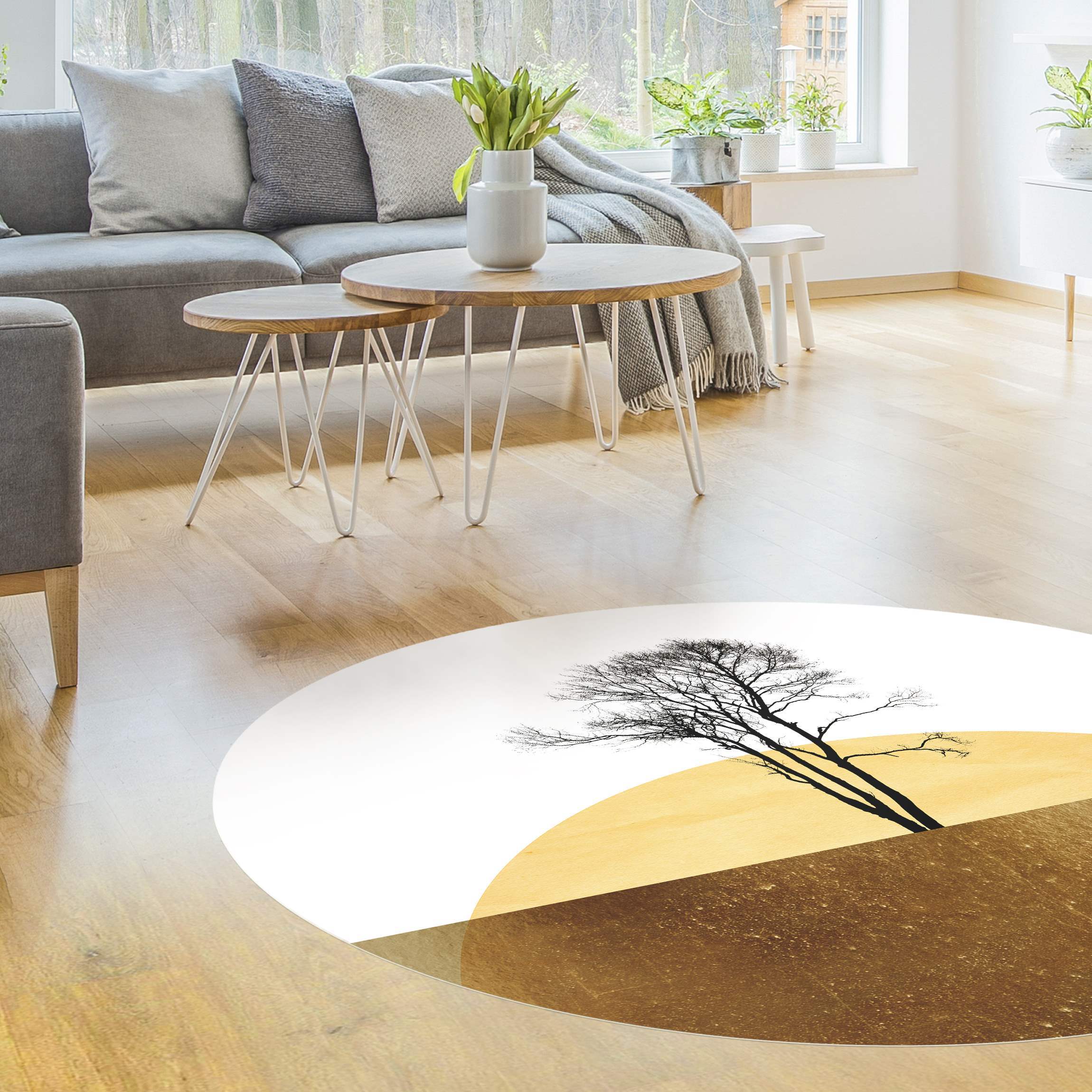 Runder Vinyl-Teppich Goldene Sonne mit Baum