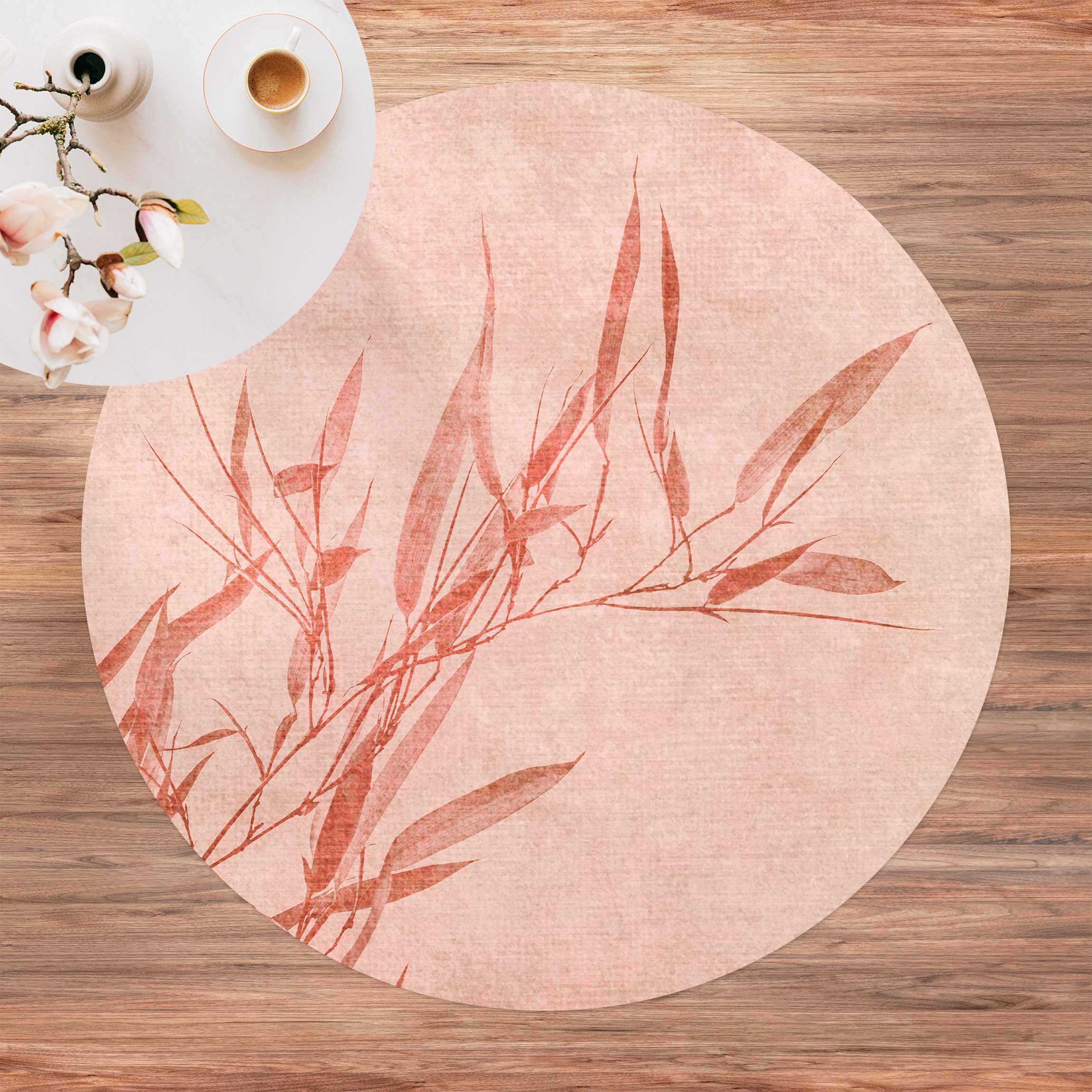 Runder Vinyl-Teppich Goldene Sonne mit Rosa Bambus