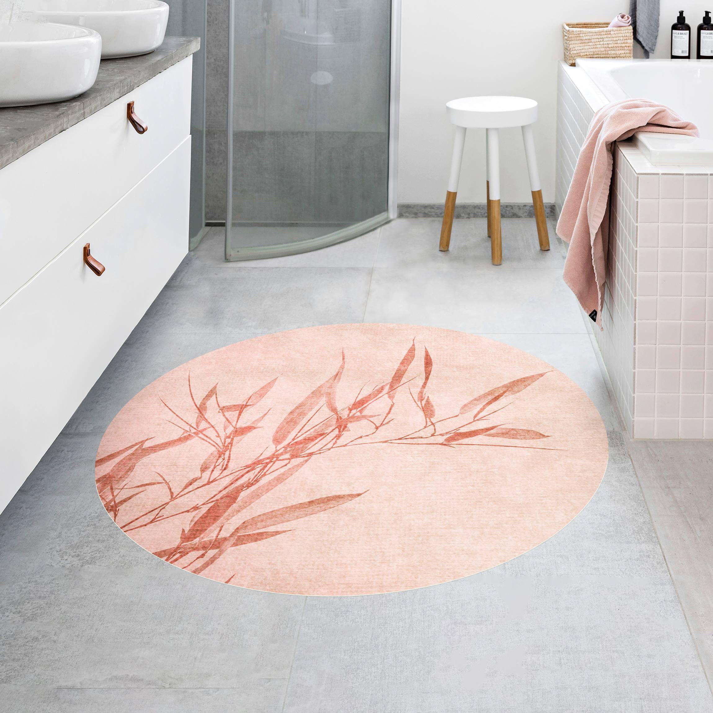 Runder Vinyl-Teppich Goldene Sonne mit Rosa Bambus