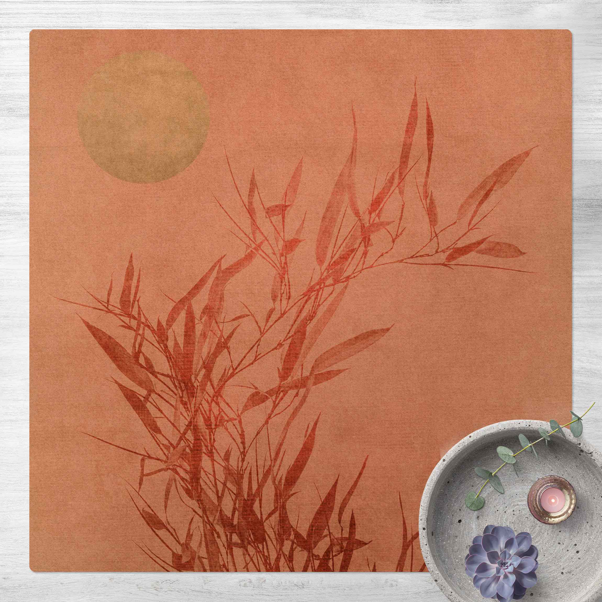 Kork-Teppich Goldene Sonne mit Rosa Bambus