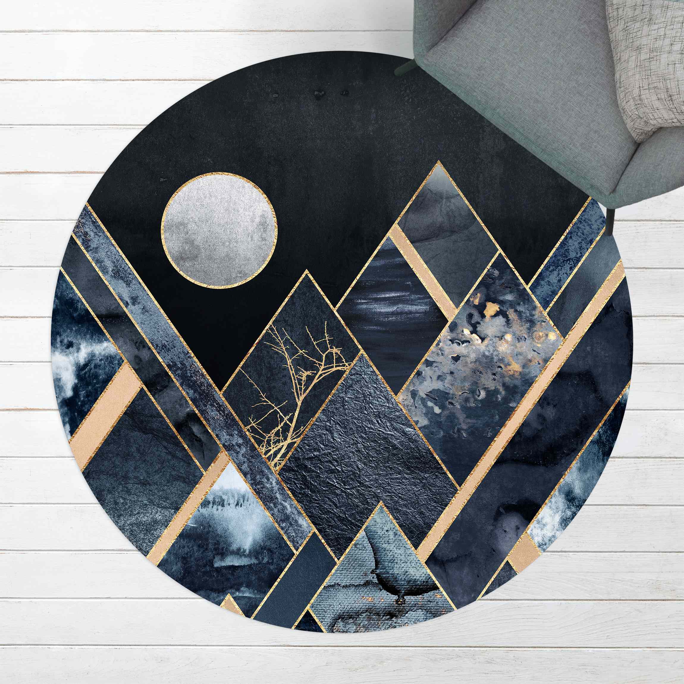Runder Vinyl-Teppich Goldener Mond abstrakte schwarze Berge