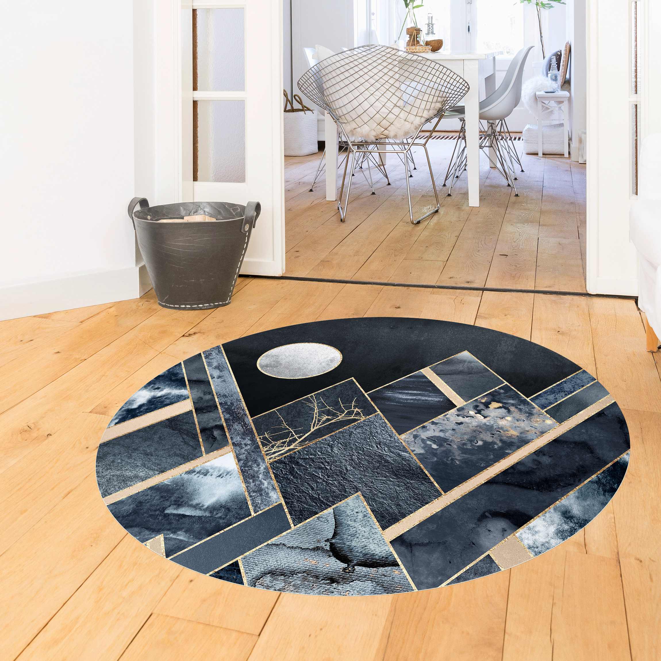 Runder Vinyl-Teppich Goldener Mond abstrakte schwarze Berge