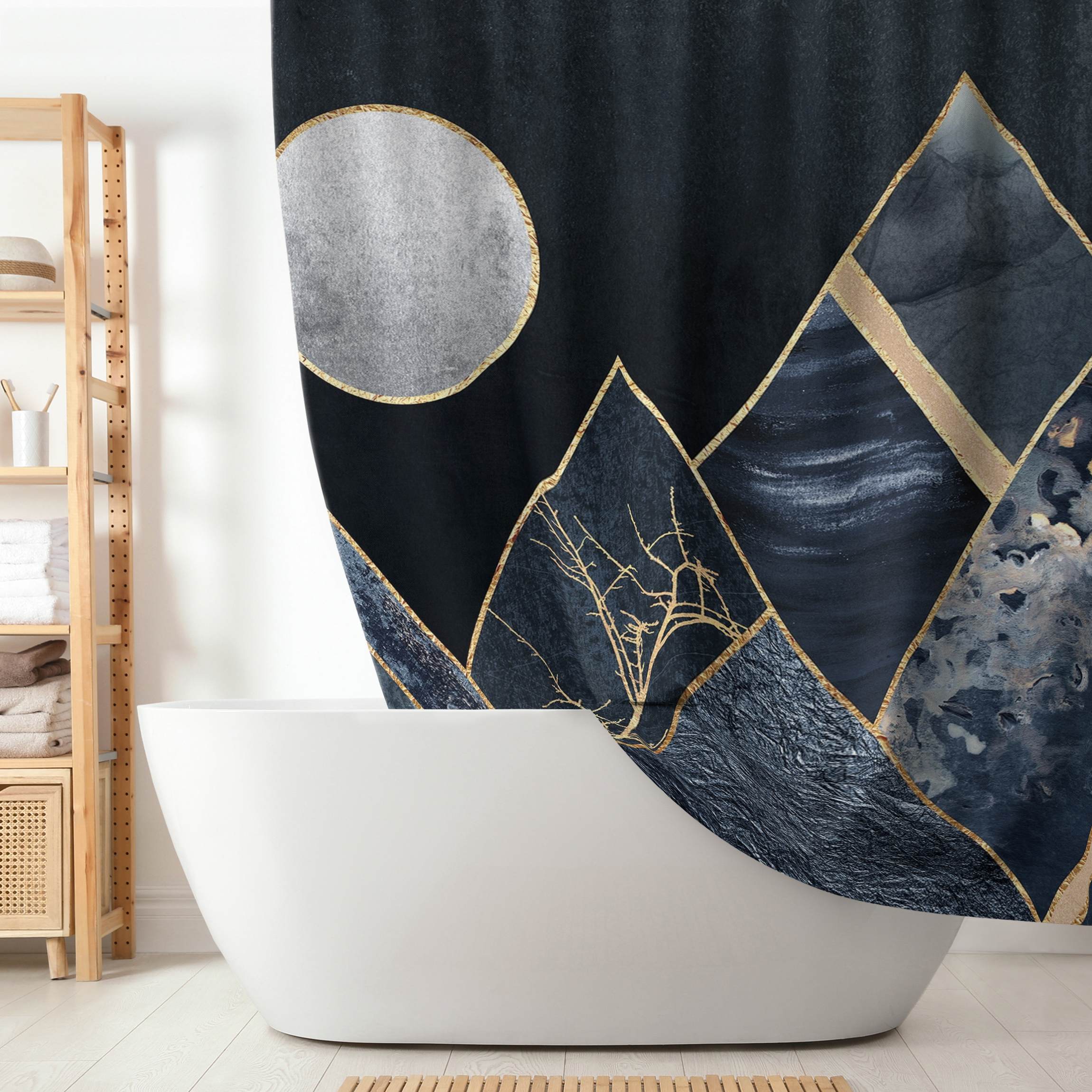 Duschvorhang Goldener Mond abstrakte schwarze Berge