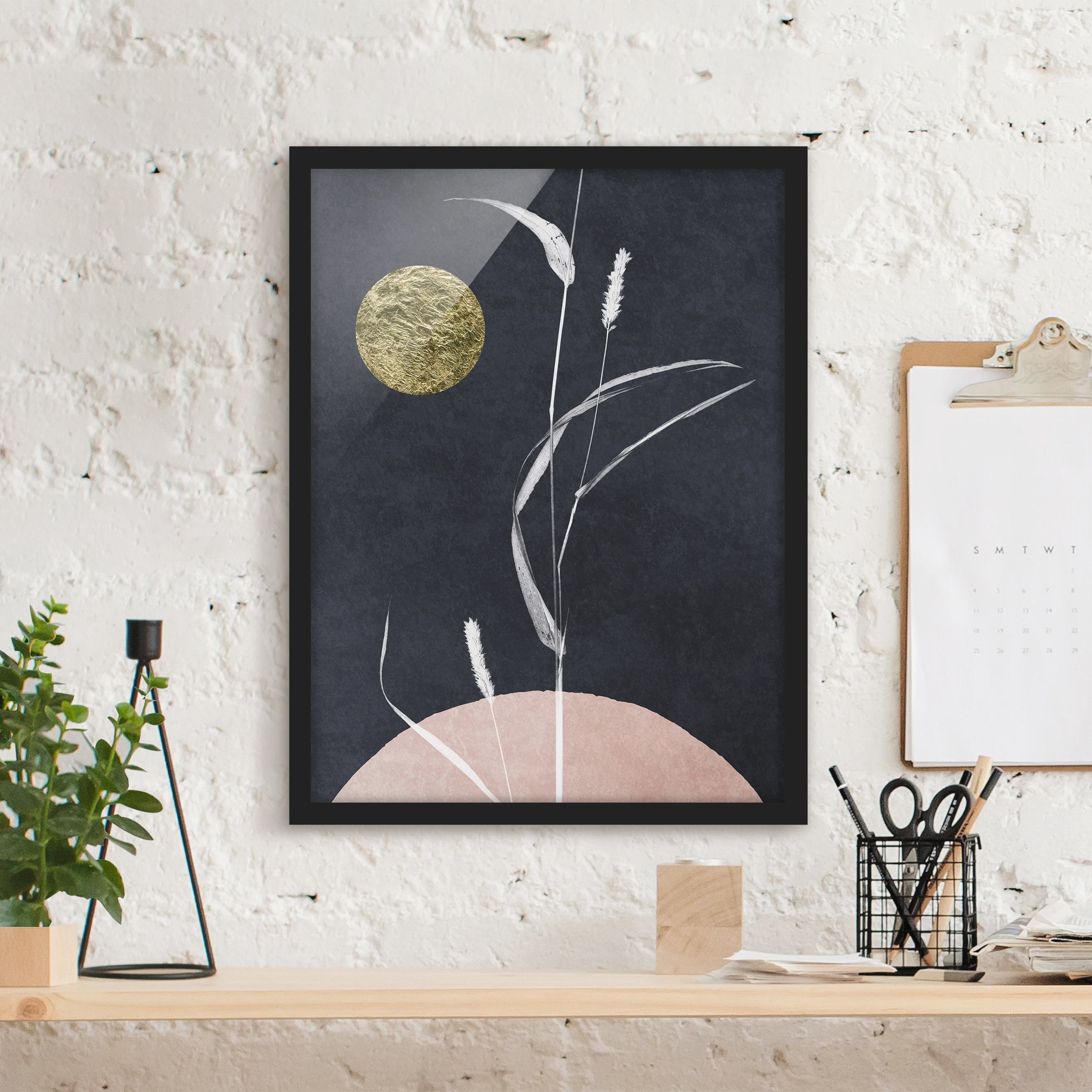 Bild mit Rahmen Goldener Mond mit Schilf