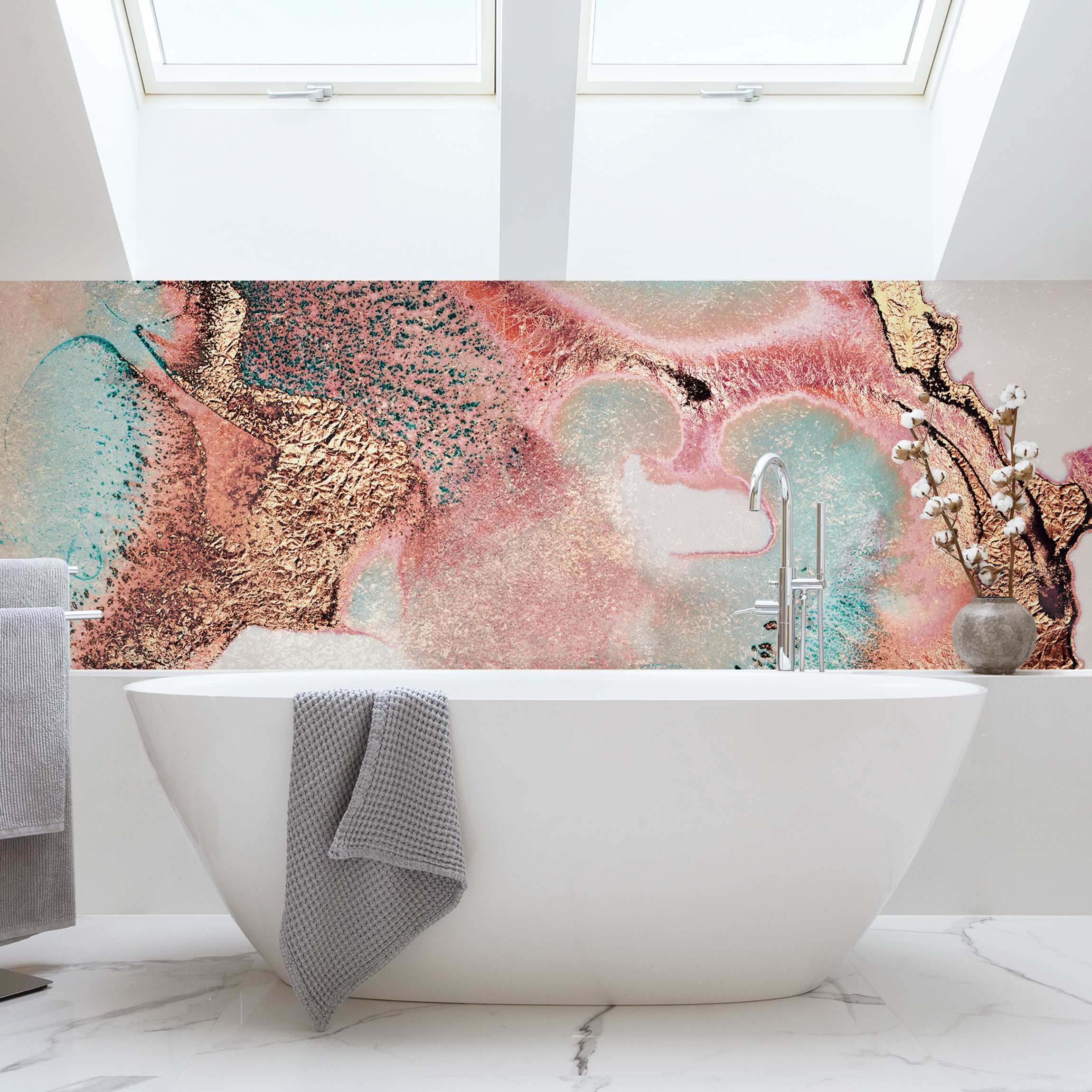 Wandverkleidung Bad Goldenes Aquarell Rosé