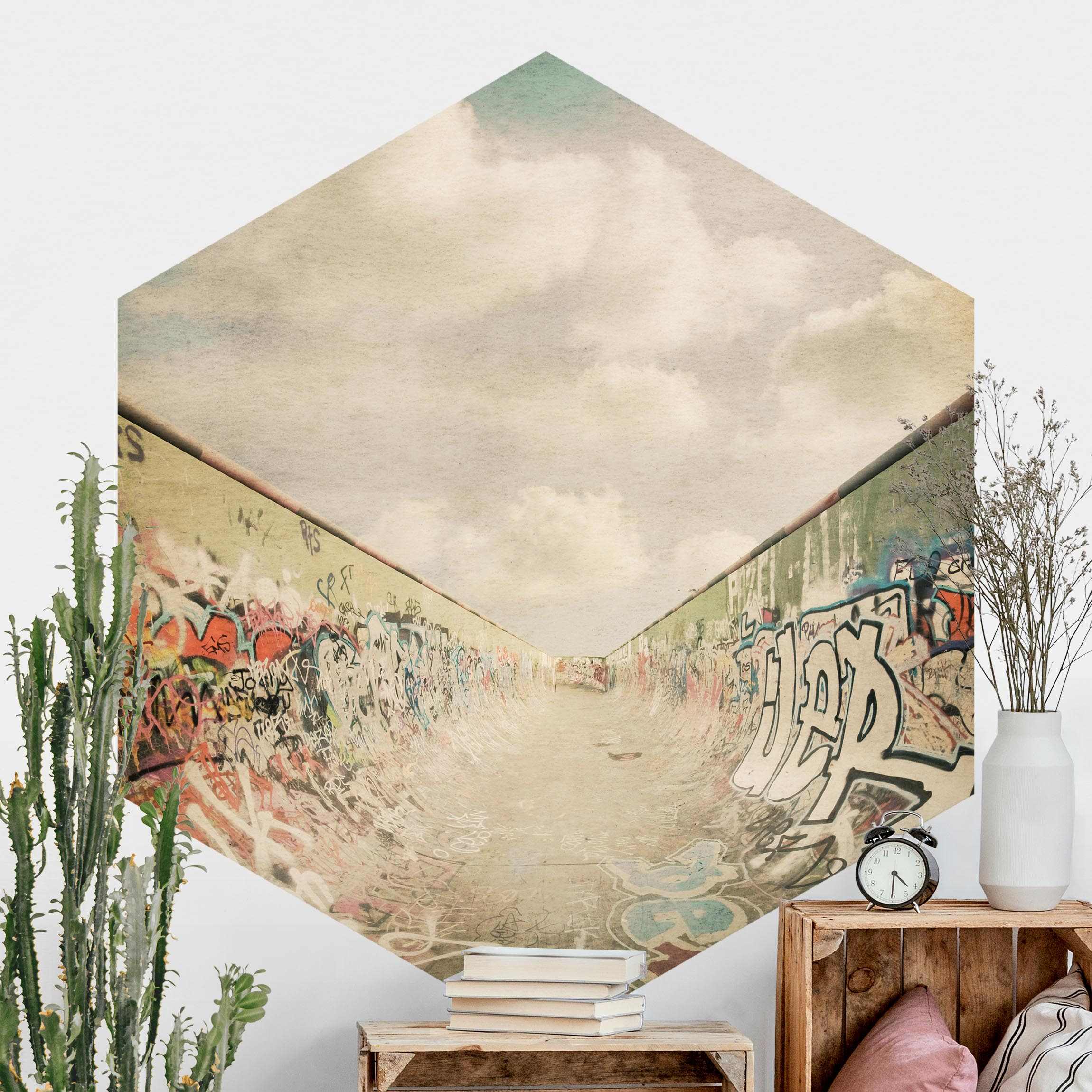 Hexagon Fototapete selbstklebend Graffiti-Skatepark