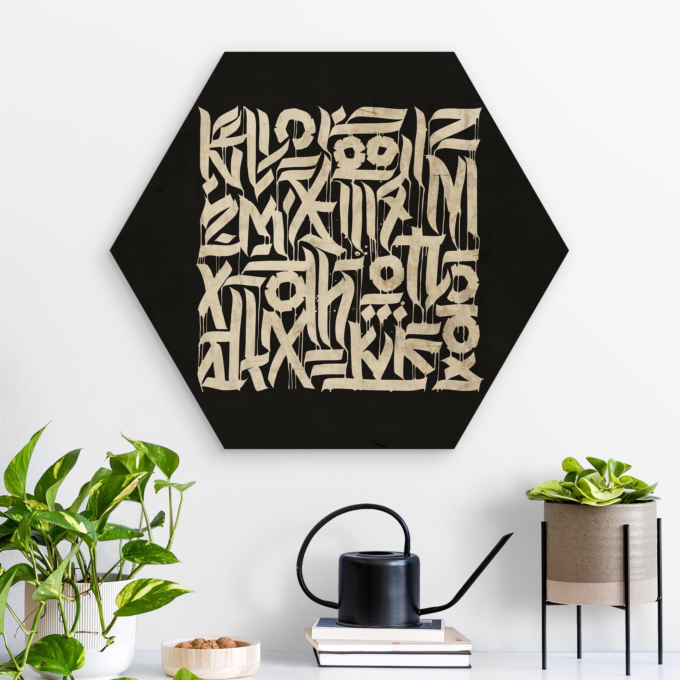 Hexagon-Holzbild Graffiti Art Calligraphy Schwarz