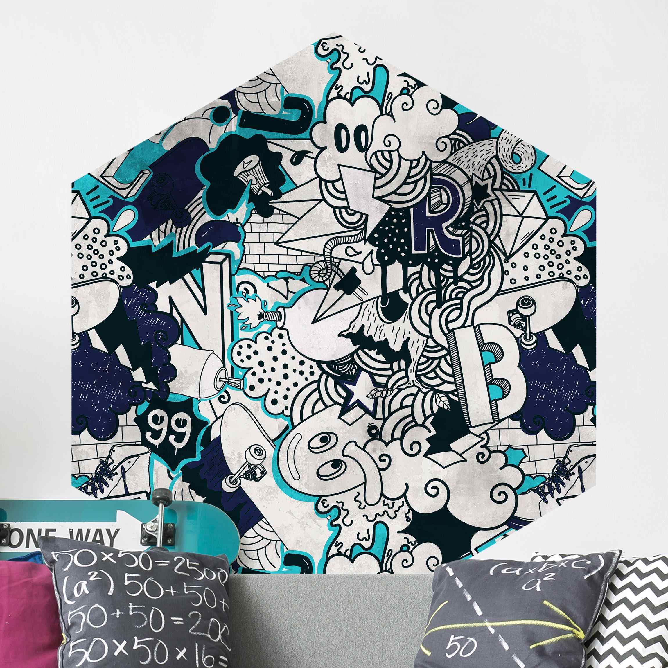 Hexagon Mustertapete Graffiti Art Skater Doodle