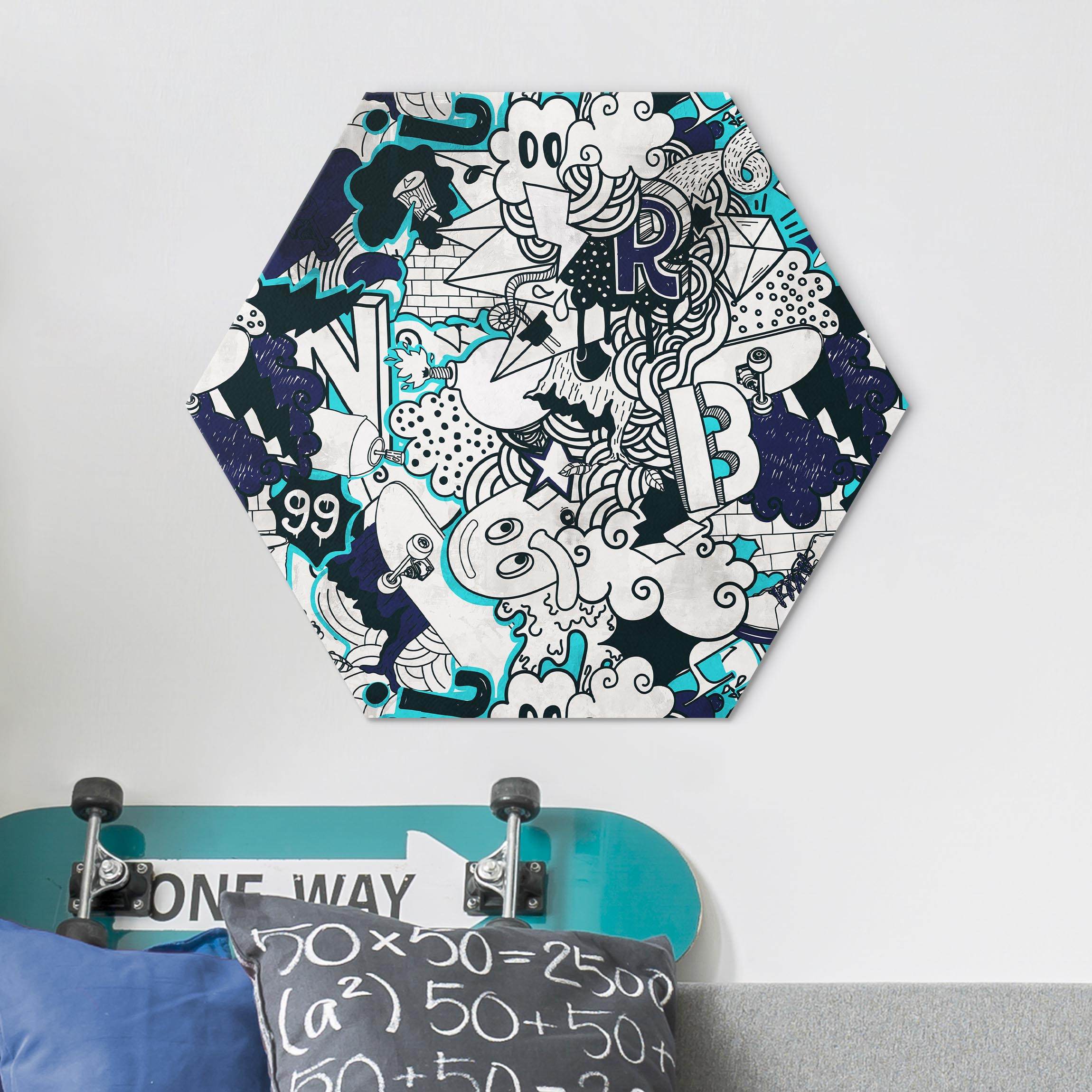 Hexagon-Alu-Dibond Bild Graffiti Art Skater Doodle