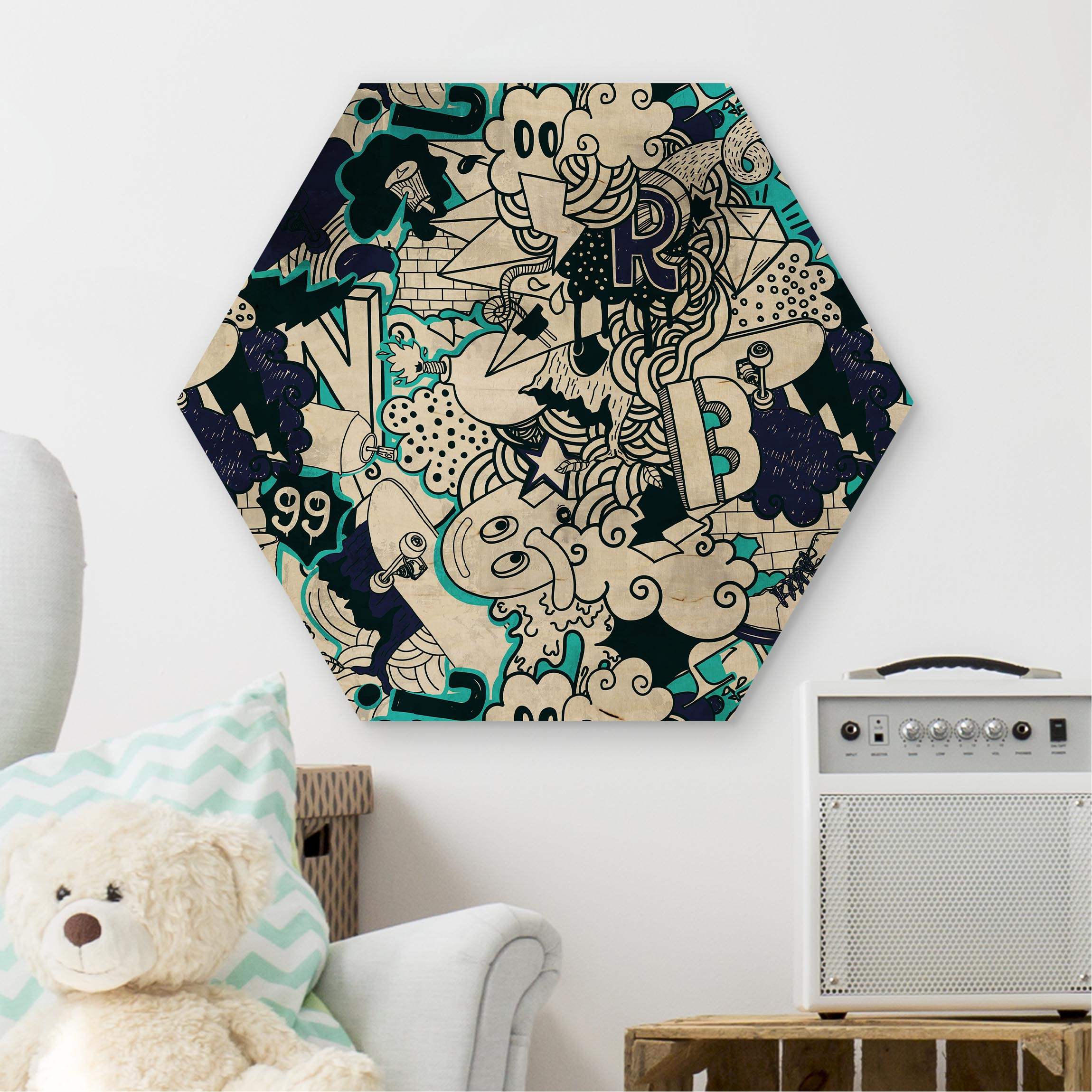 Hexagon-Holzbild Graffiti Art Skater Doodle