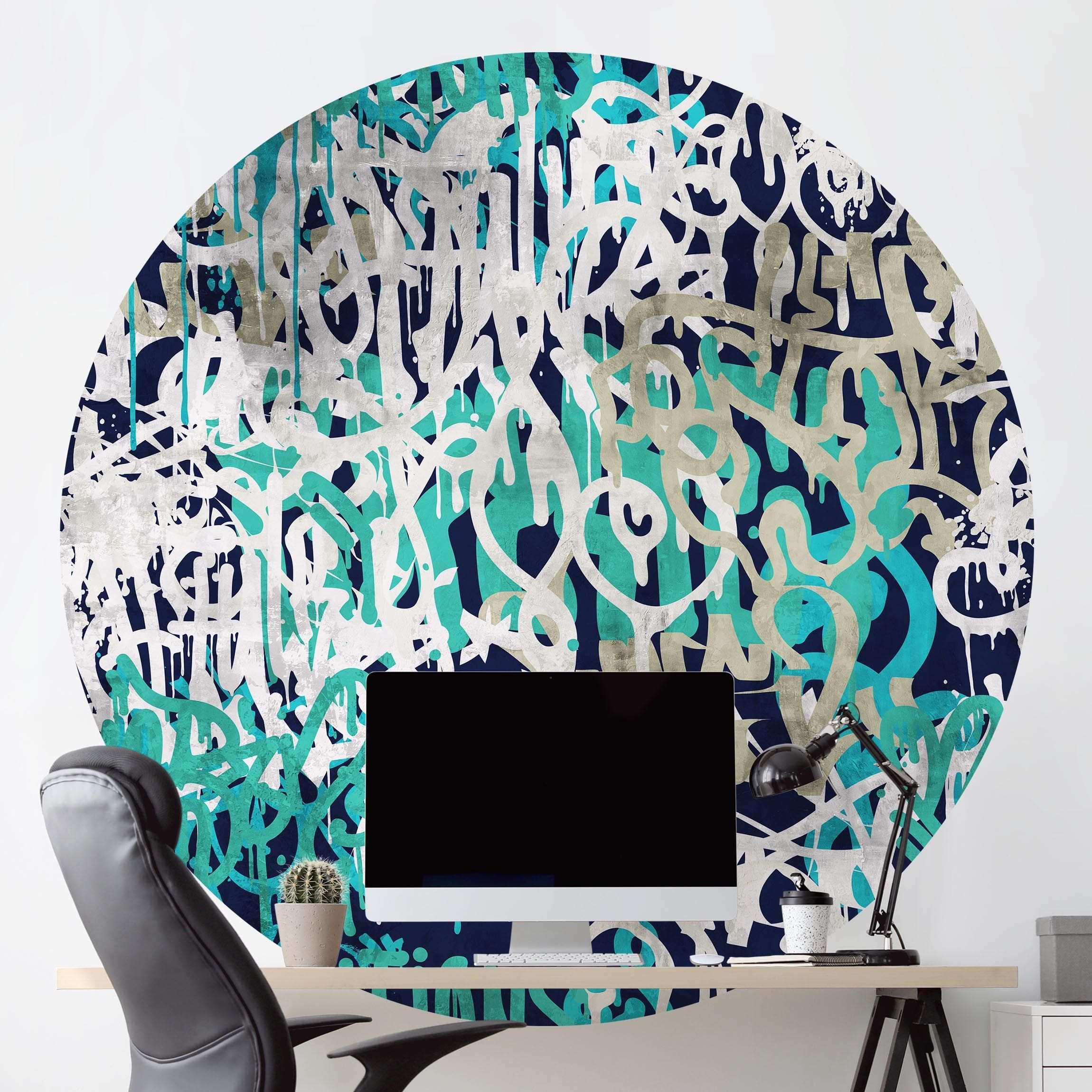 Runde Tapete selbstklebend Graffiti Art Tagged Wall Türkis