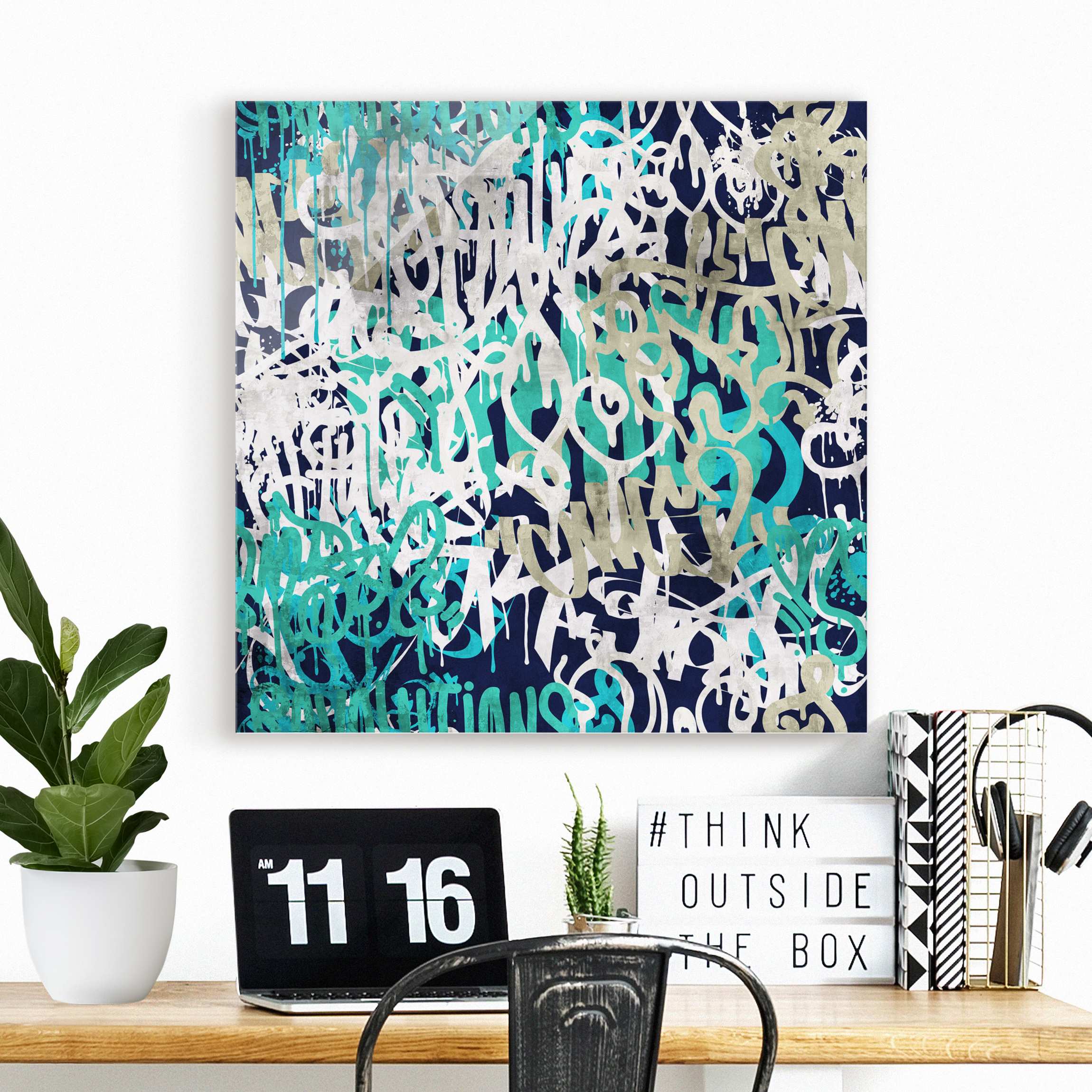 Glasbild Graffiti Art Tagged Wall Türkis