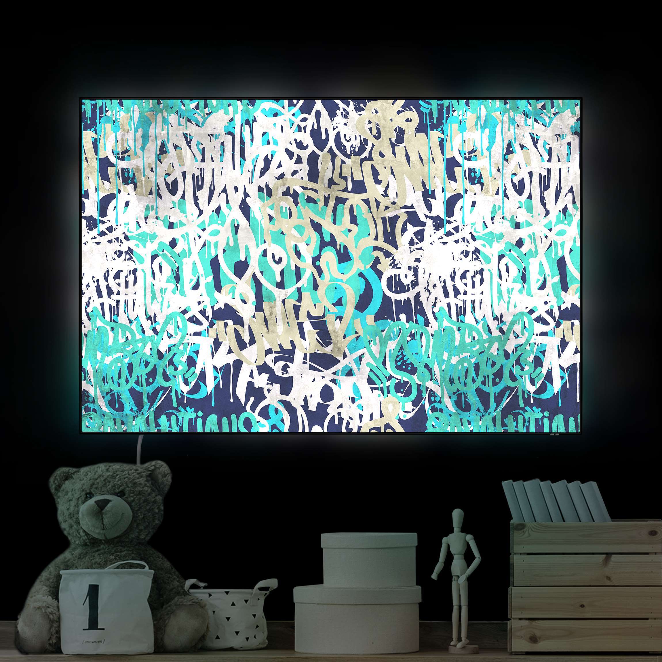 LED-Wechselbild Graffiti Art Tagged Wall Türkis