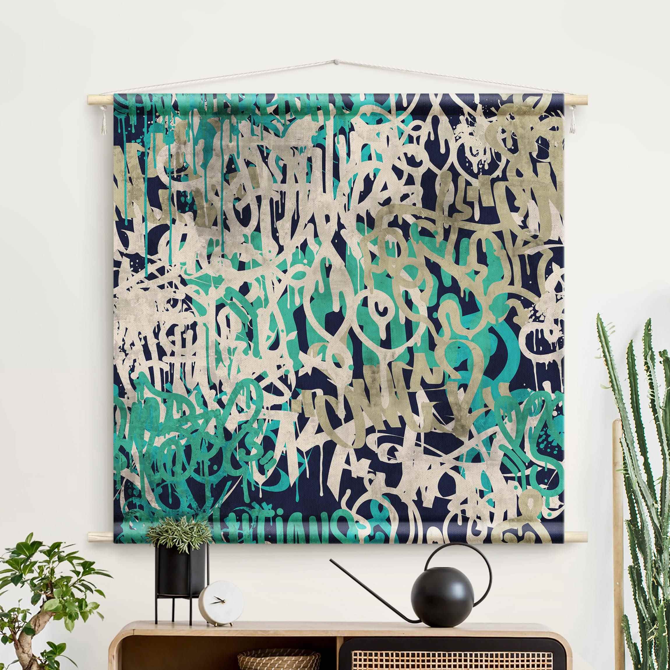 Wandteppich Graffiti Art Tagged Wall Türkis