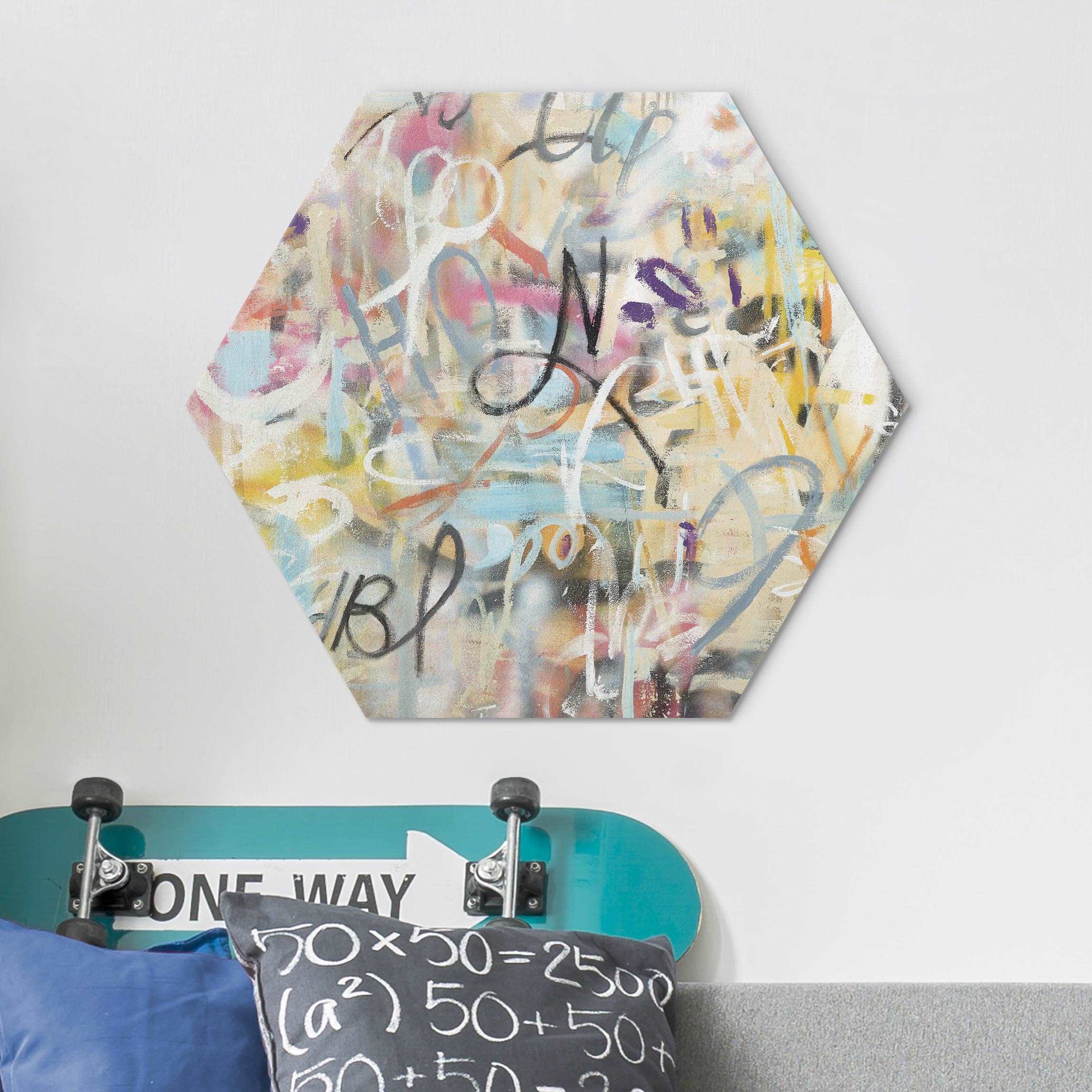 Hexagon-Alu-Dibond Bild Graffiti Freedom in Pastell