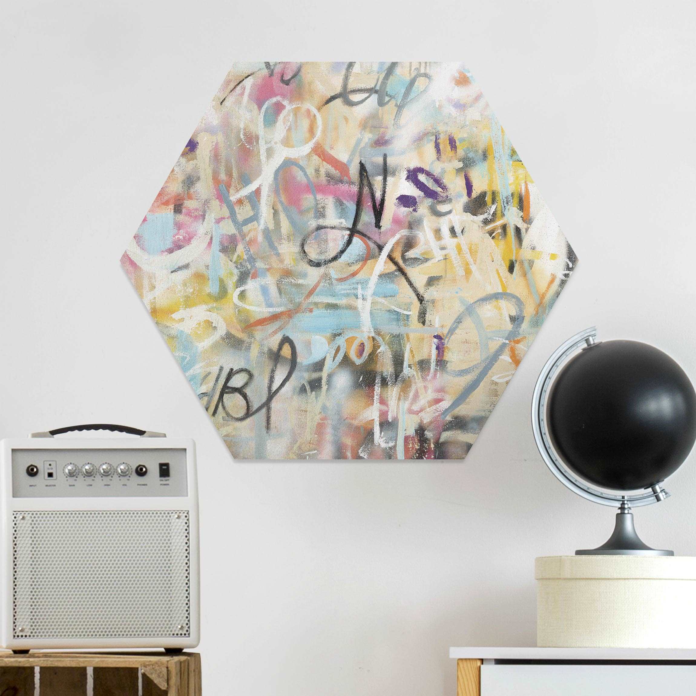 Hexagon-Holzbild Graffiti Freedom in Pastell