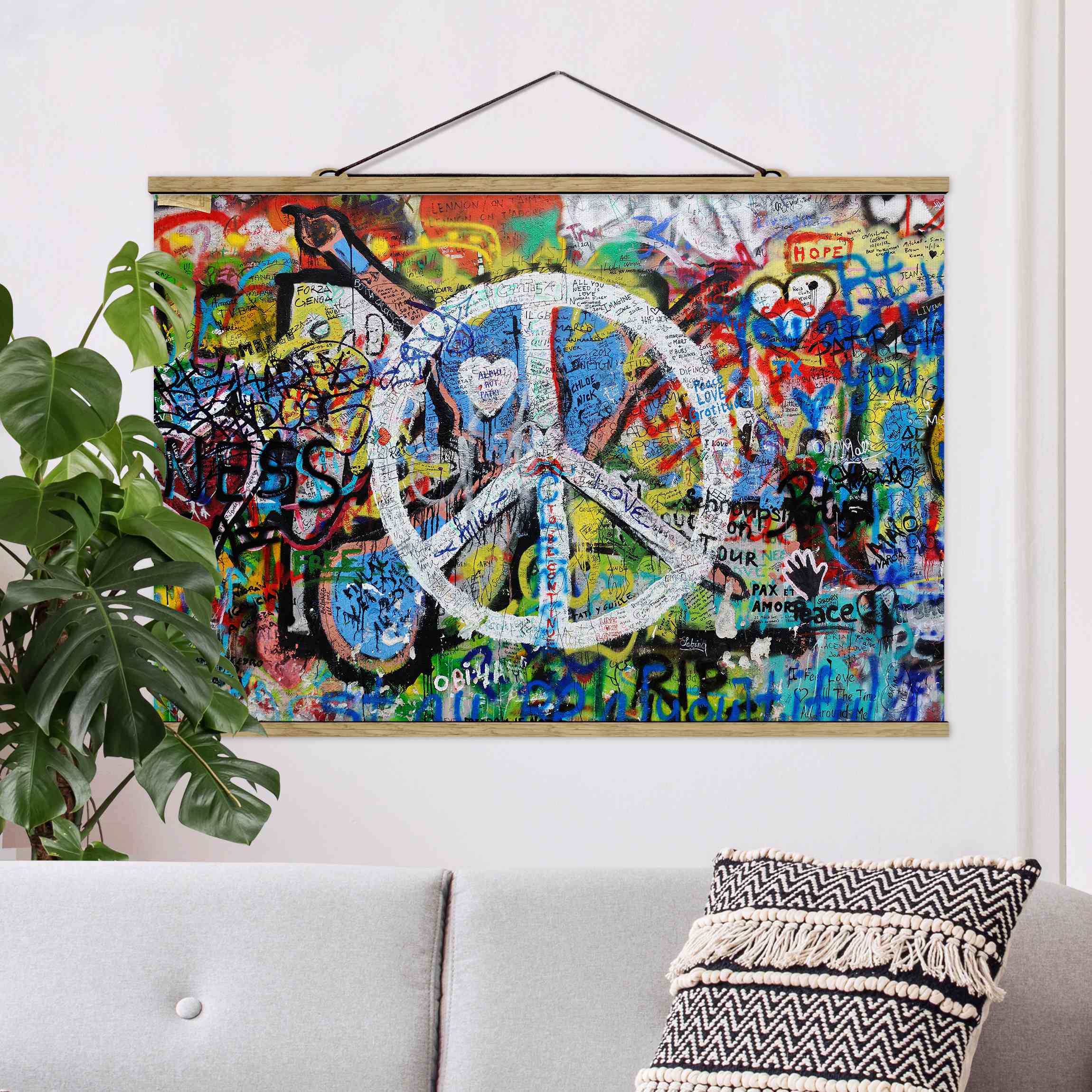 Stoffbild mit Posterleisten Graffiti Wall Peace Sign
