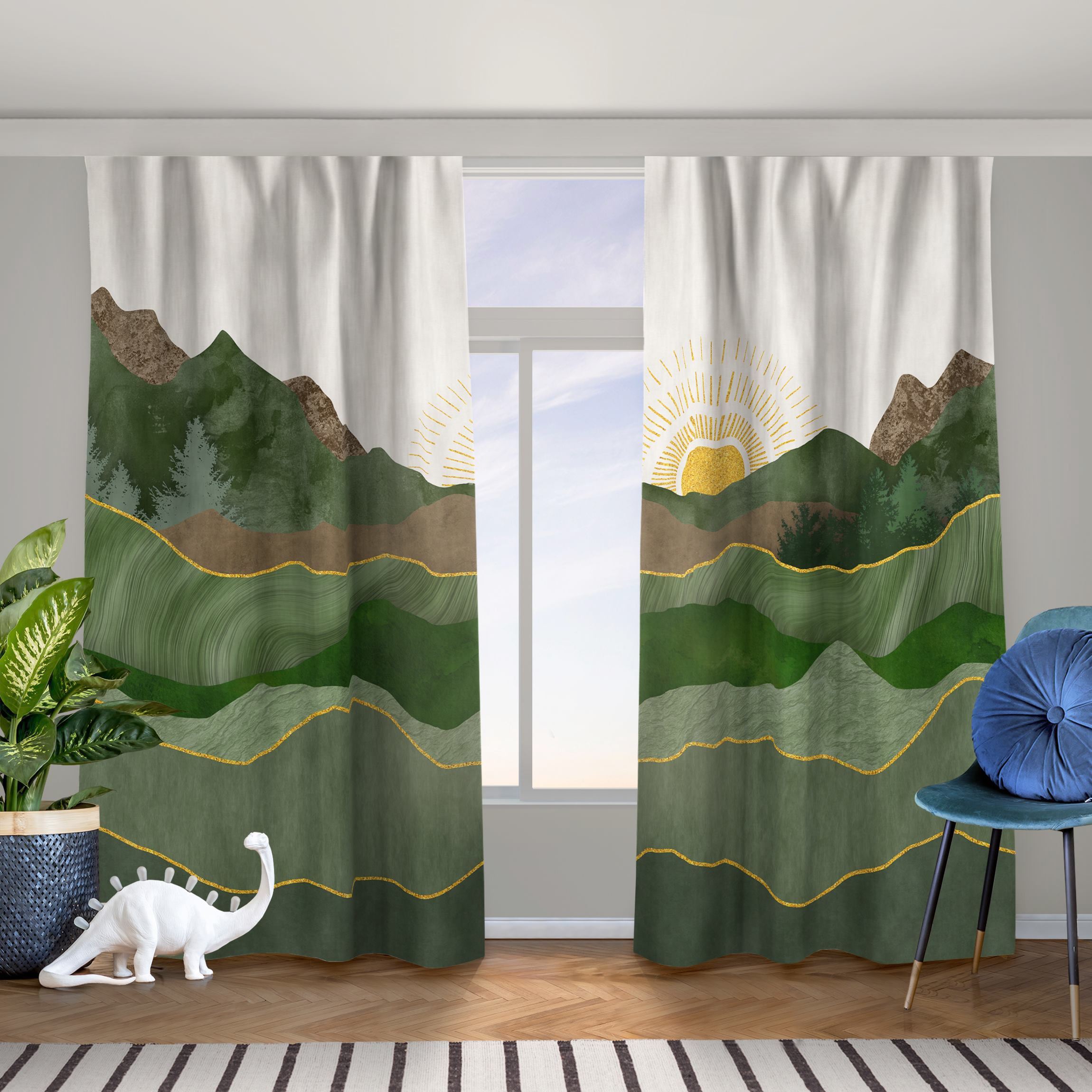 Vorhang Grafische Landschaft mit Sonne