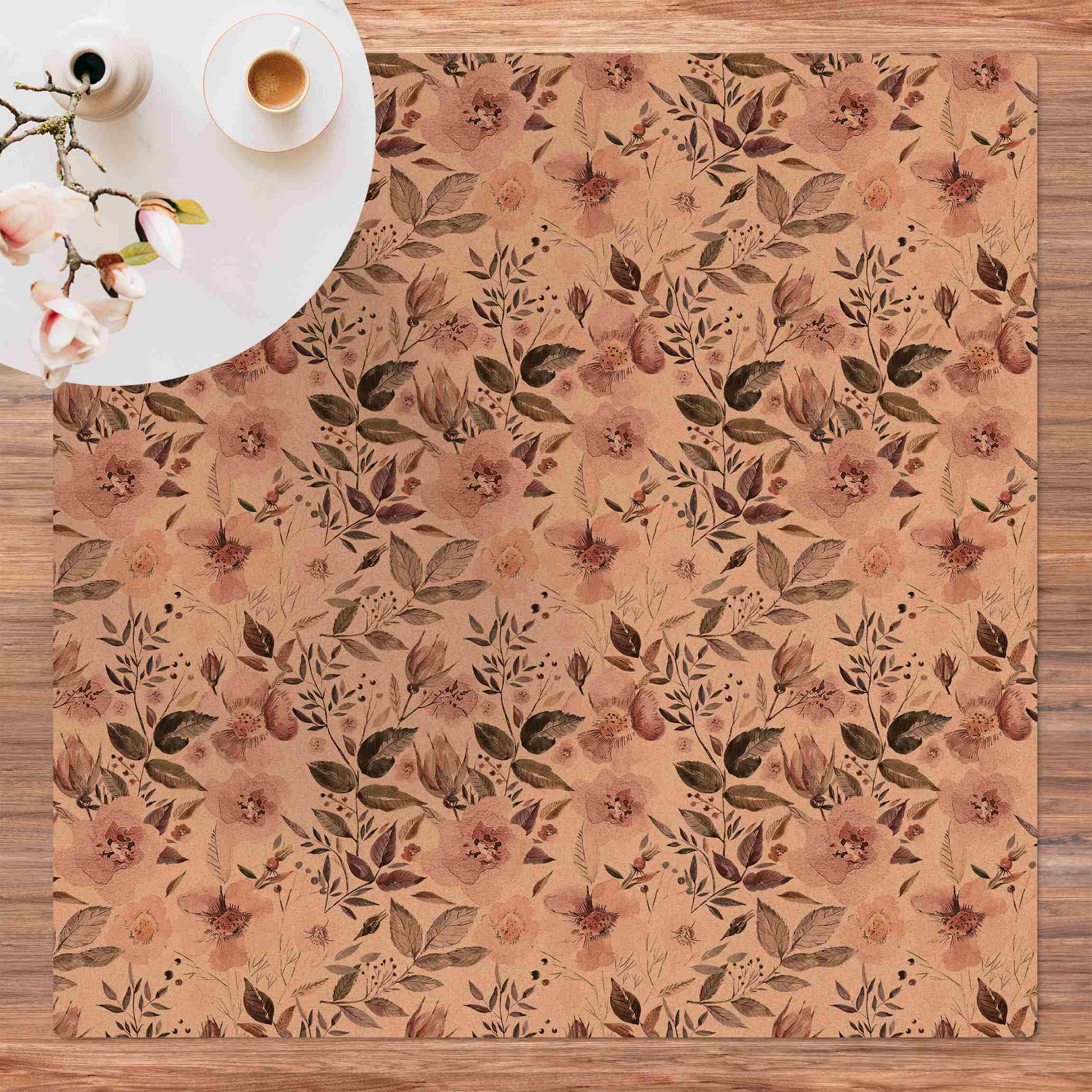 Kork-Teppich Graue Blätter mit Aquarell Blumen