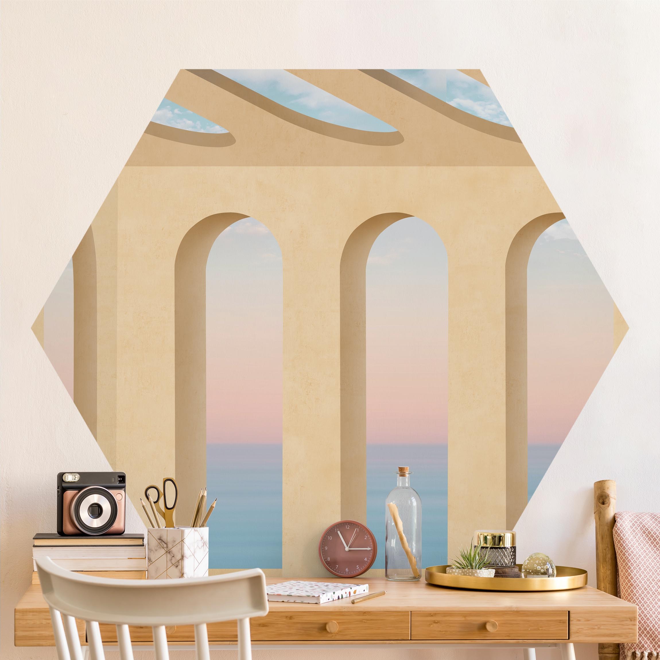 Hexagon Tapete selbstklebend Griechischer Ausblick