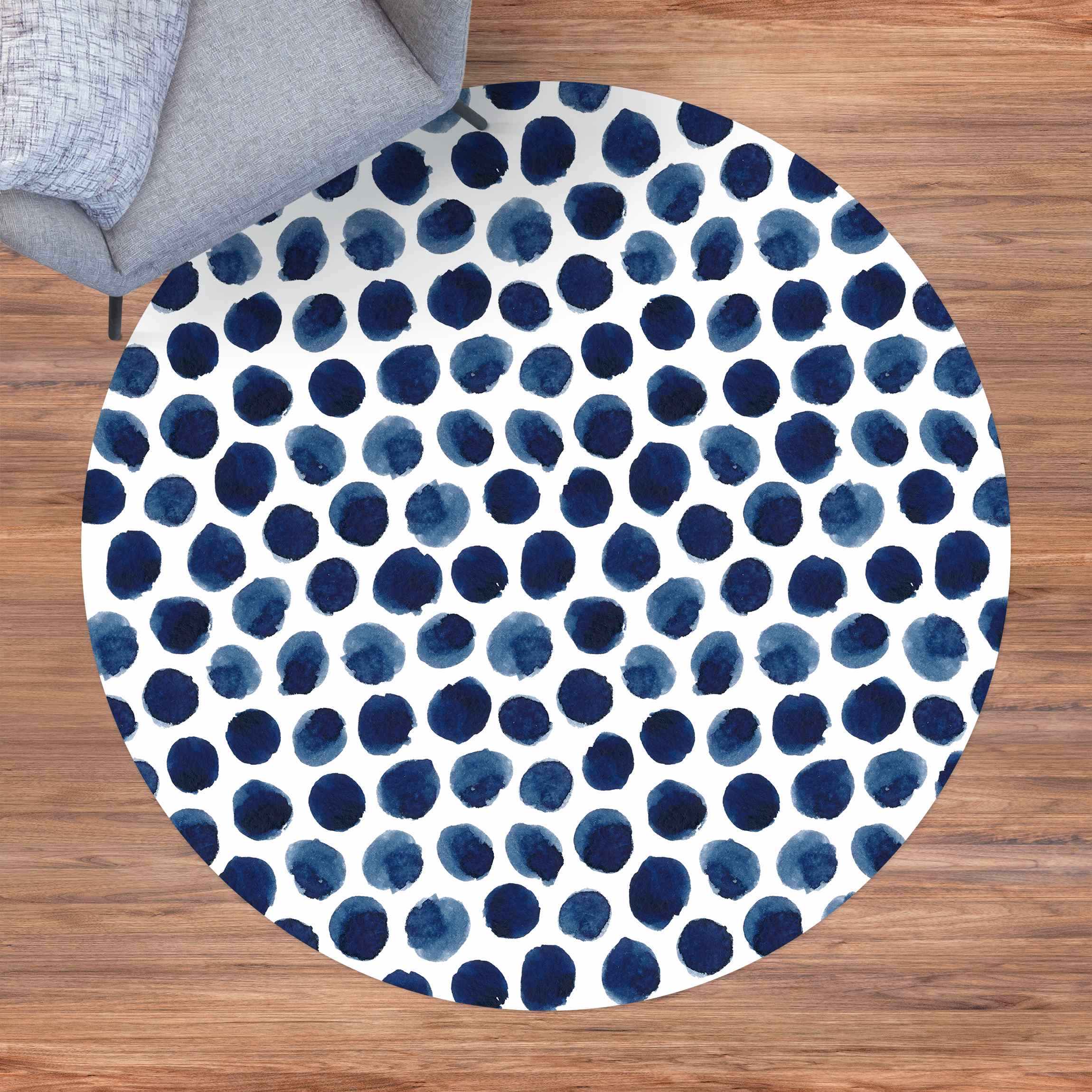 Runder Vinyl-Teppich Große Aquarell Polkadots in Indigo