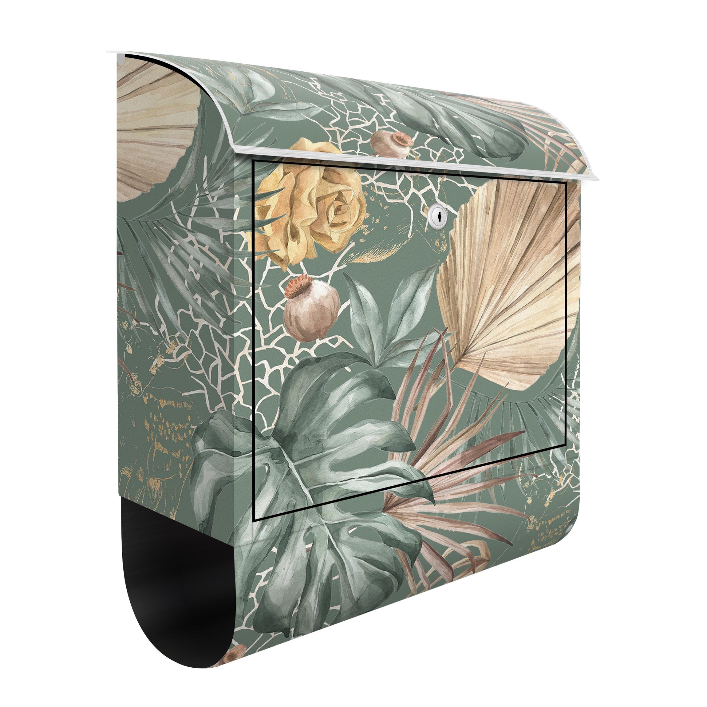 Briefkasten Große Blätter mit Rosen vor Grün