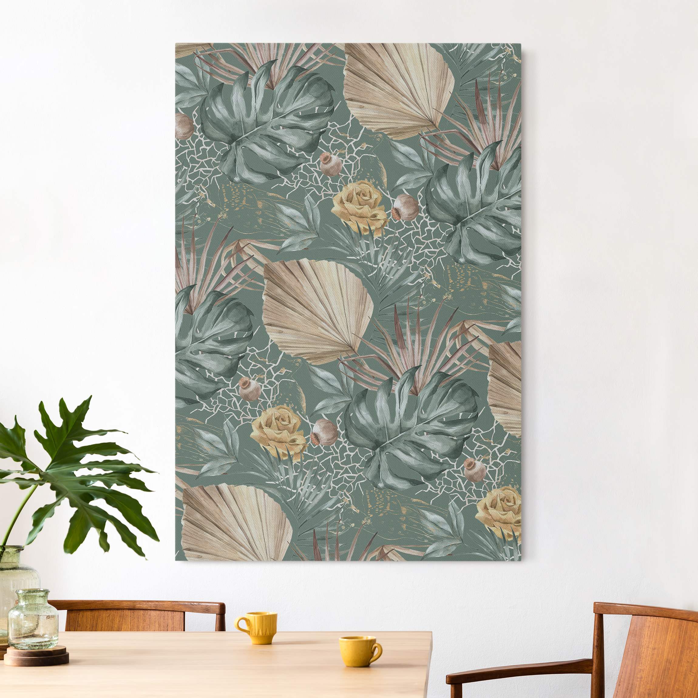 Akustikbild Große Blätter mit Rosen vor Grün