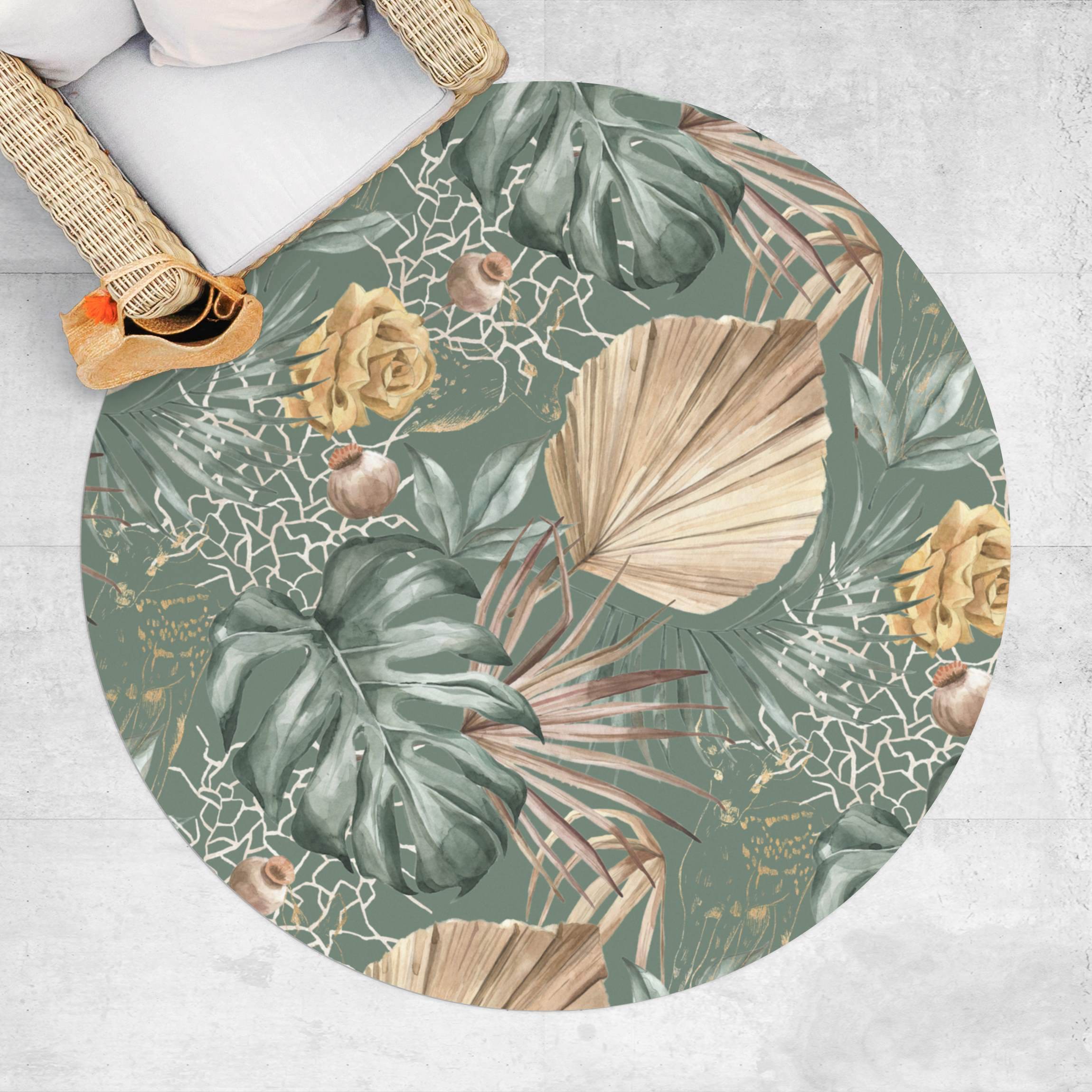 Runder Vinyl-Teppich Große Blätter mit Rosen vor Grün