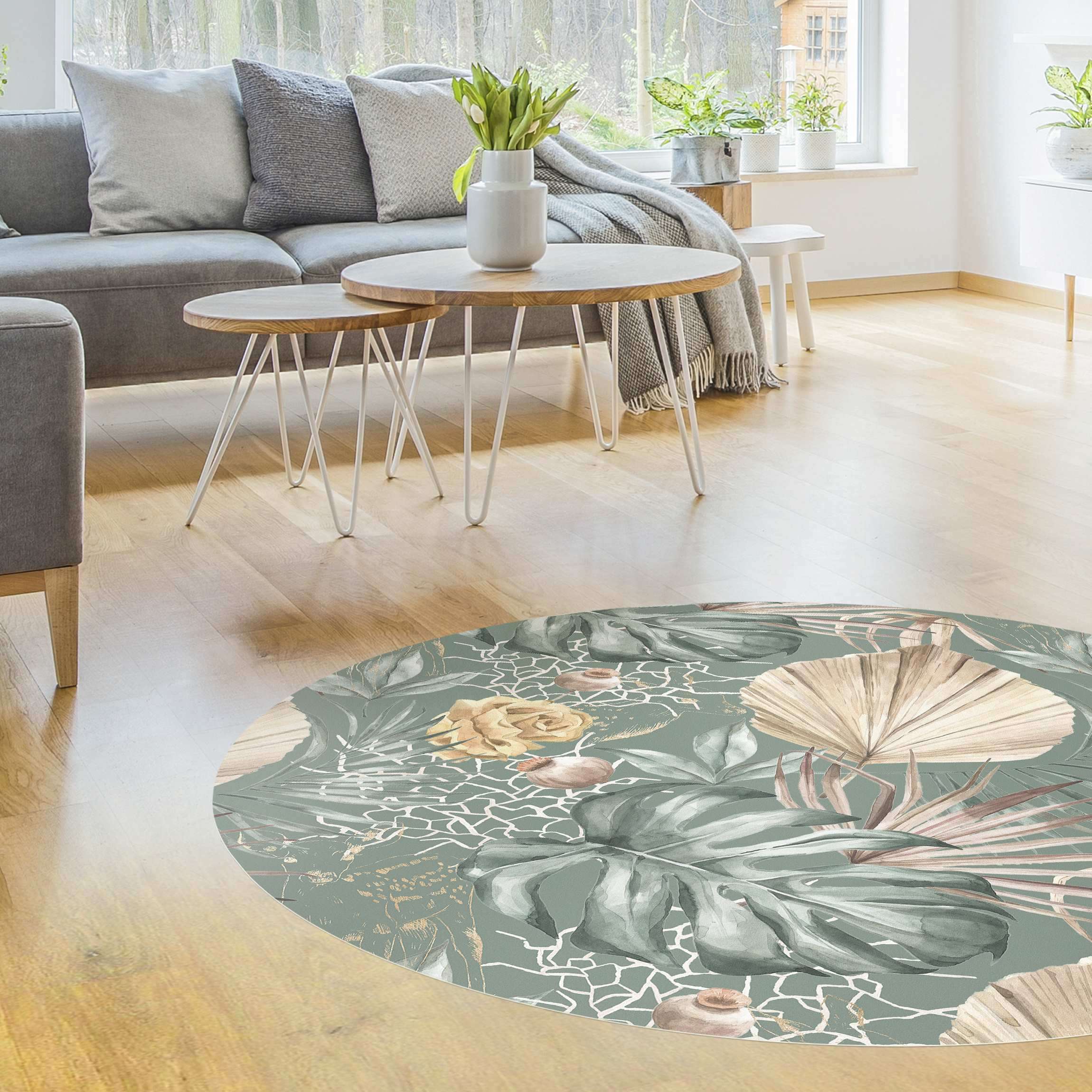 Runder Vinyl-Teppich Große Blätter mit Rosen vor Grün