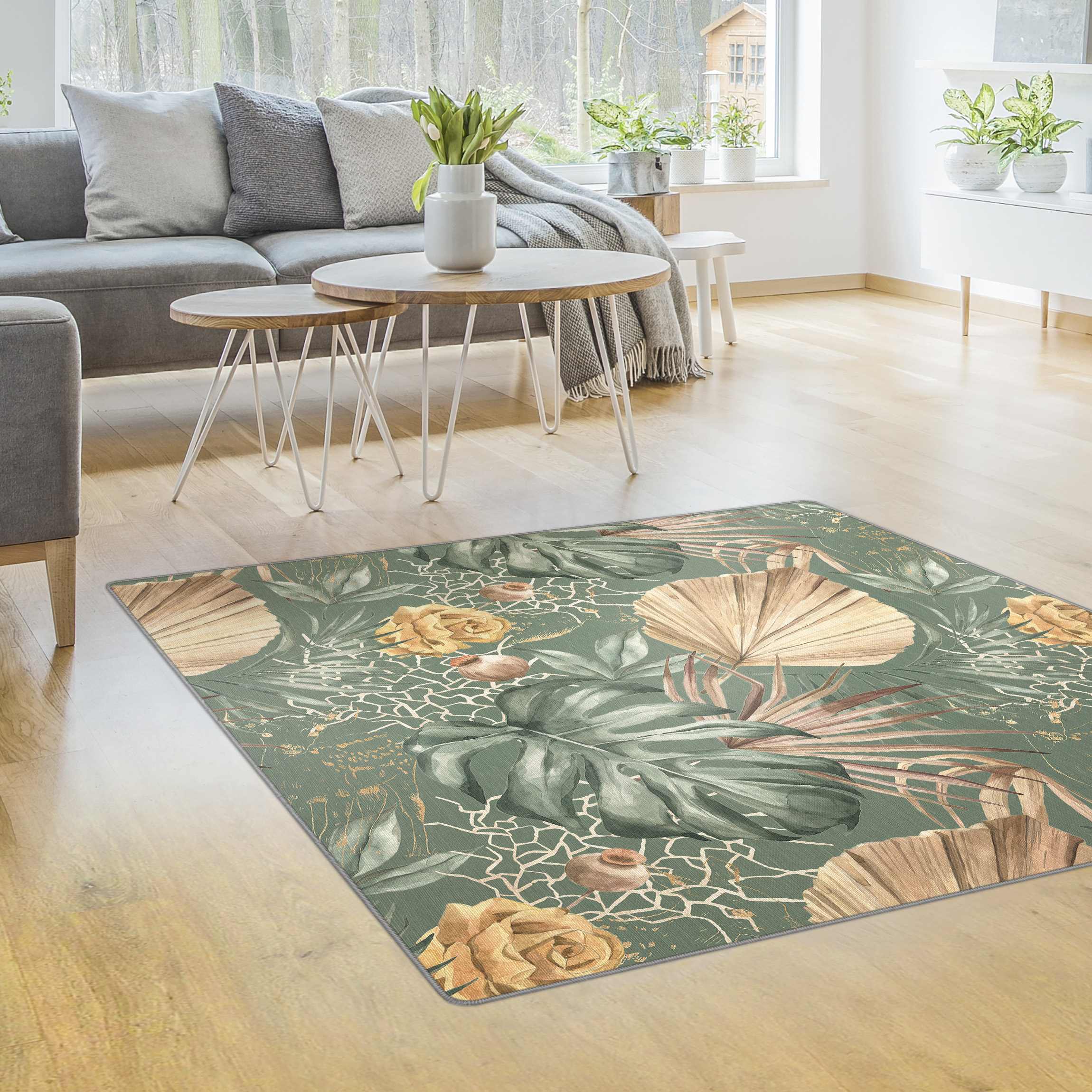 Teppich Große Blätter mit Rosen vor Grün