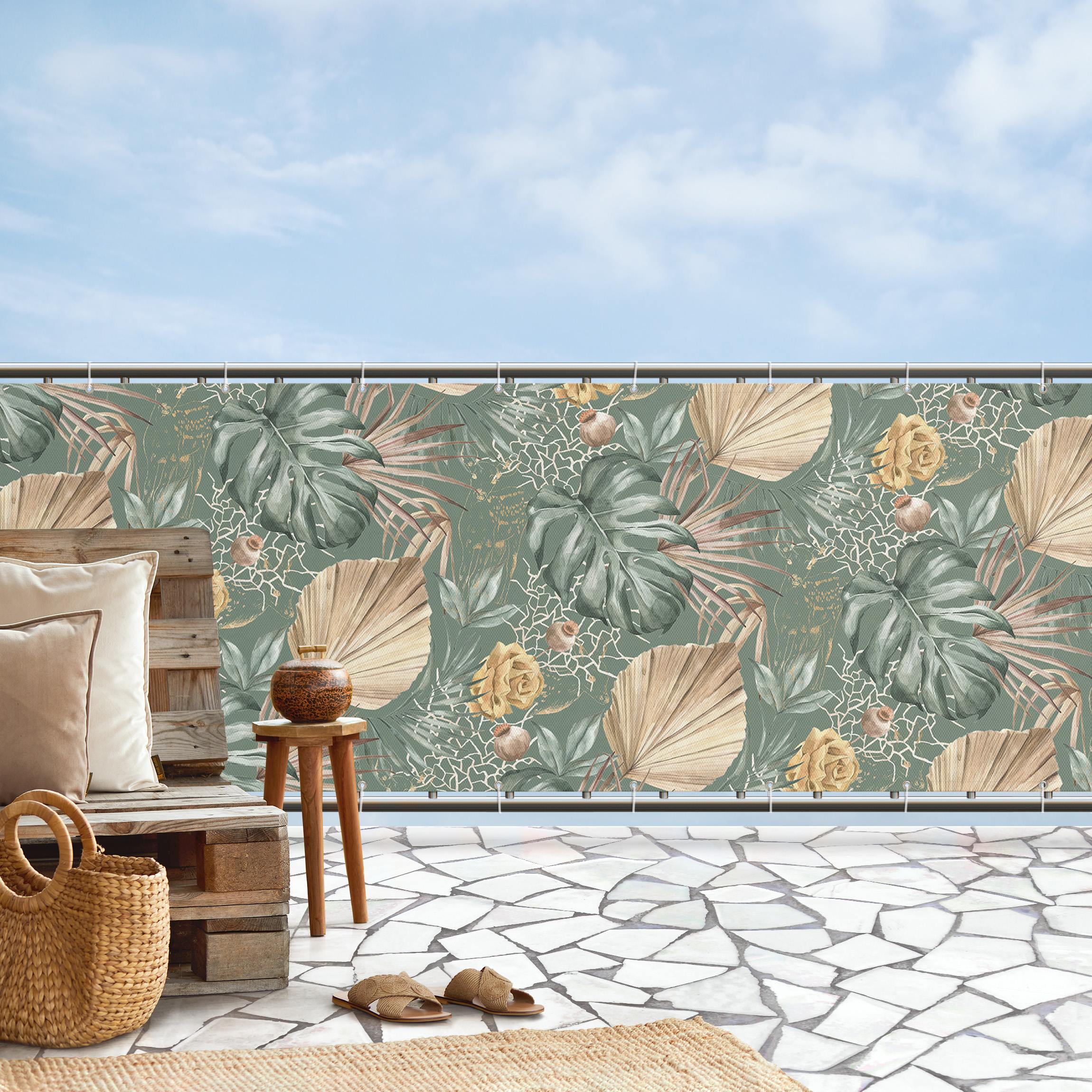 Balkon Sichtschutz Große Blätter mit Rosen vor Grün