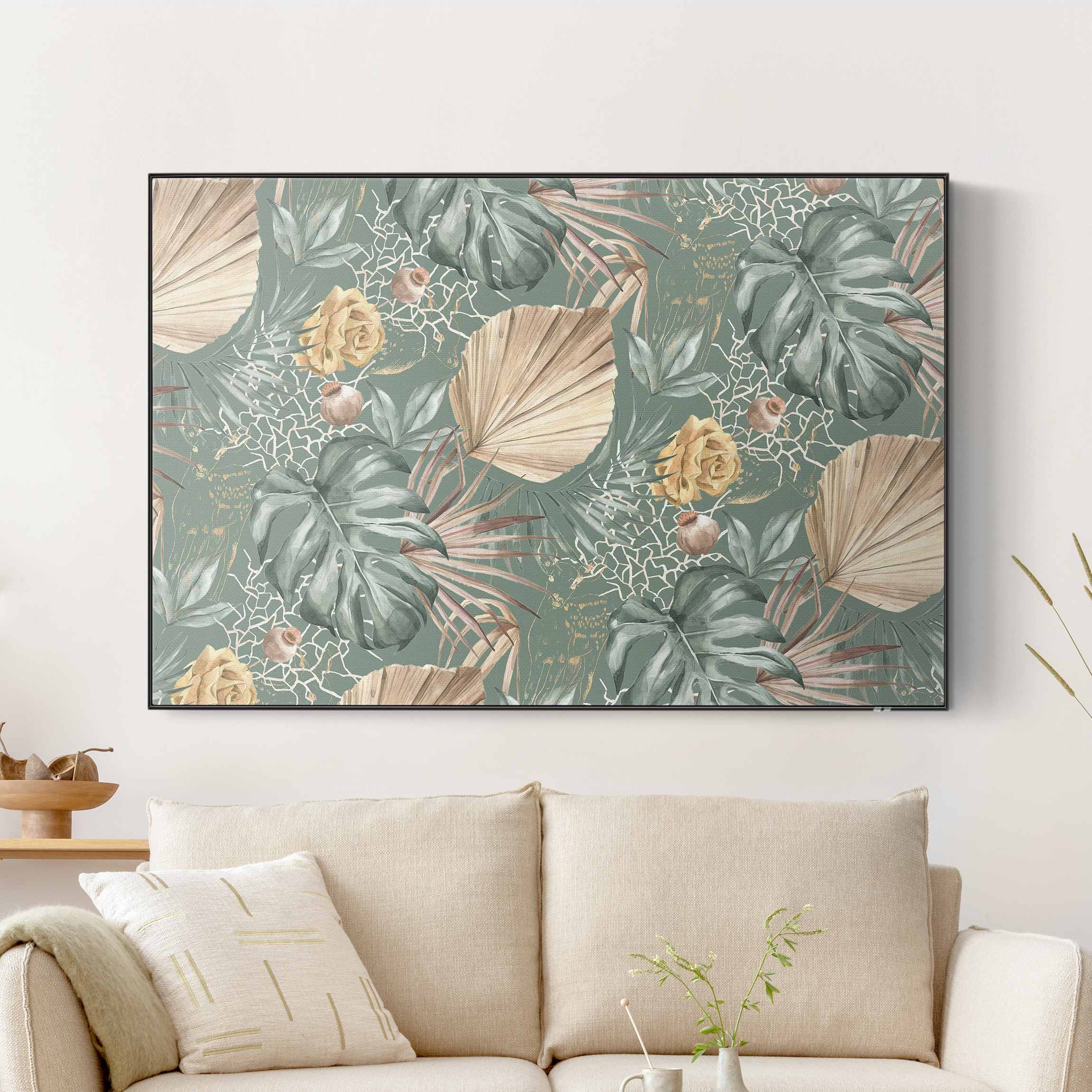 Akustik-Wechselbild Große Blätter mit Rosen vor Grün