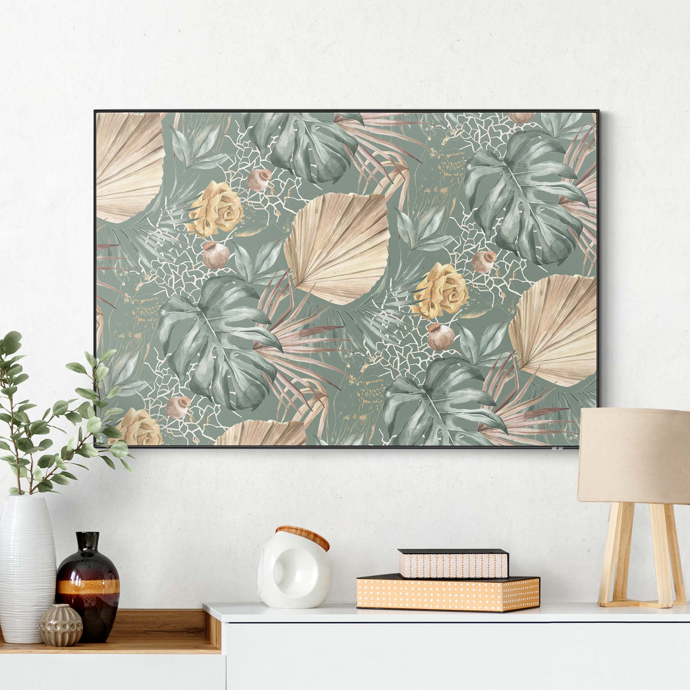 Wechselbild Große Blätter mit Rosen vor Grün