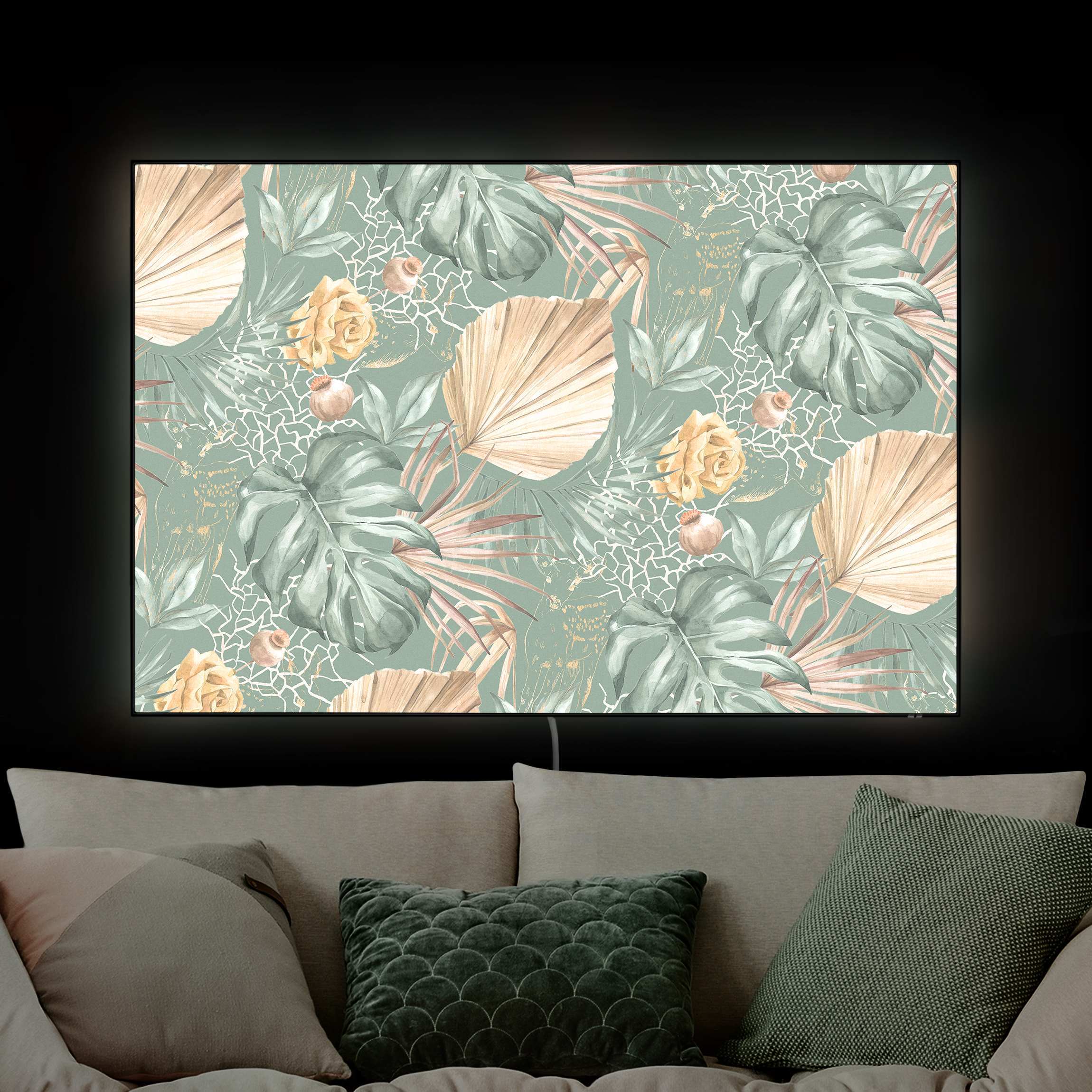 LED-Wechselbild Große Blätter mit Rosen vor Grün