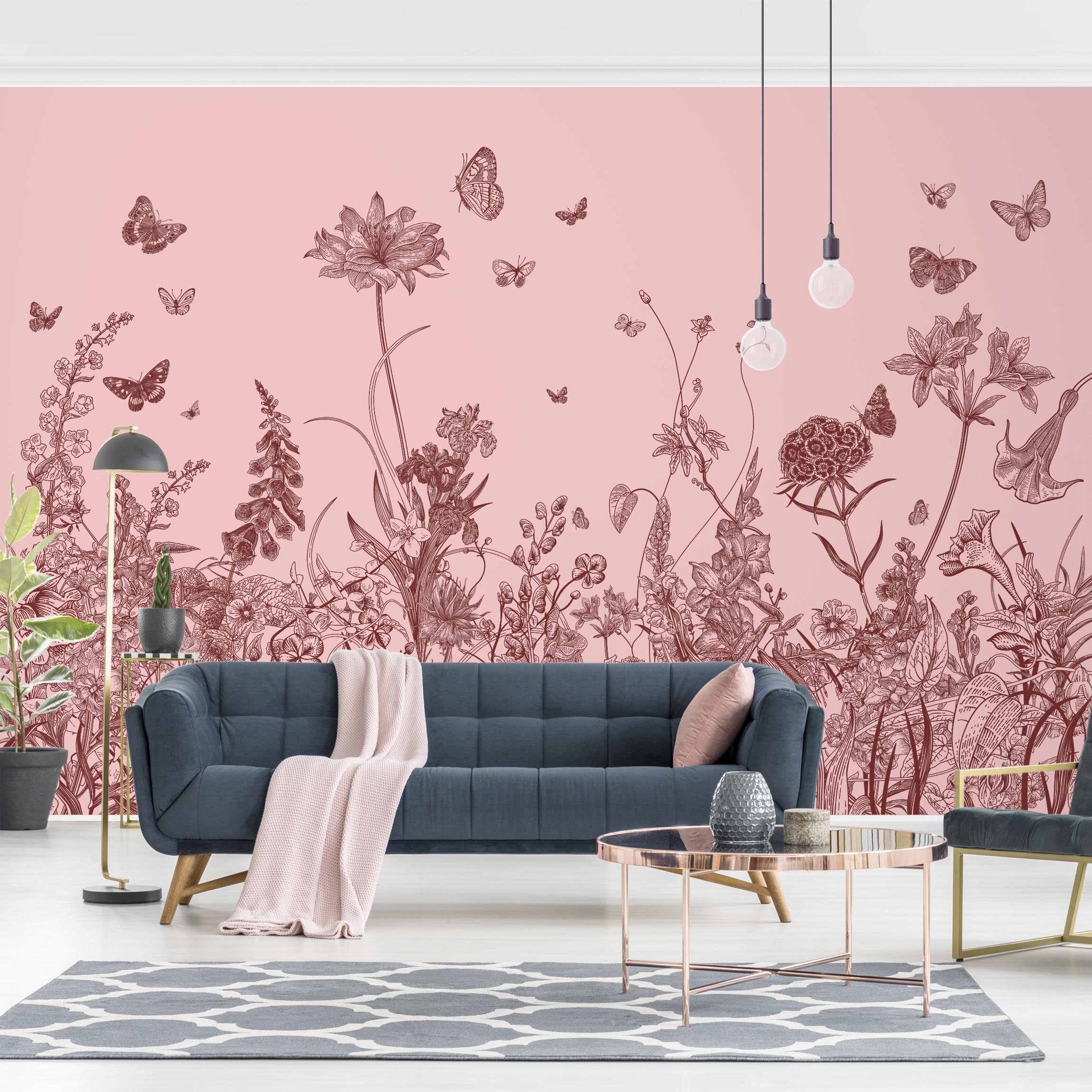 Fototapete Große Blumen mit Schmetterlingen auf Rosa