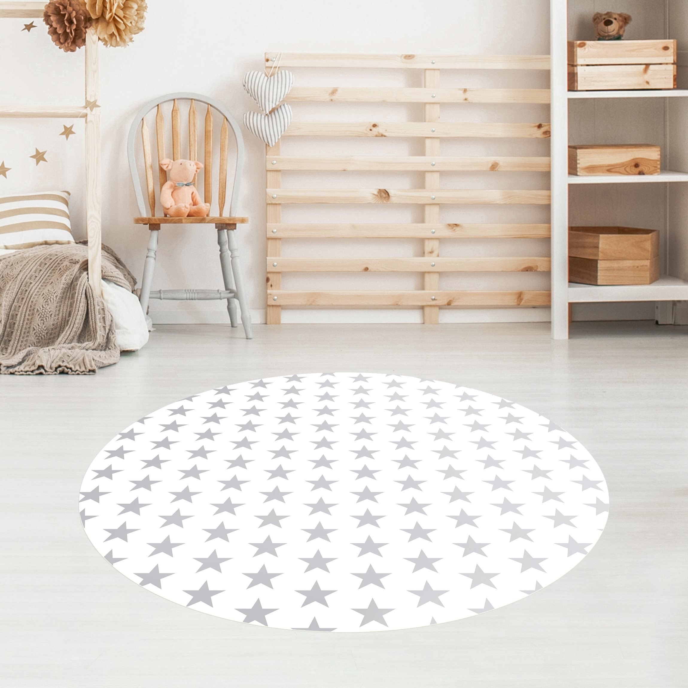 Runder Vinyl-Teppich Große Graue Sterne auf Weiß