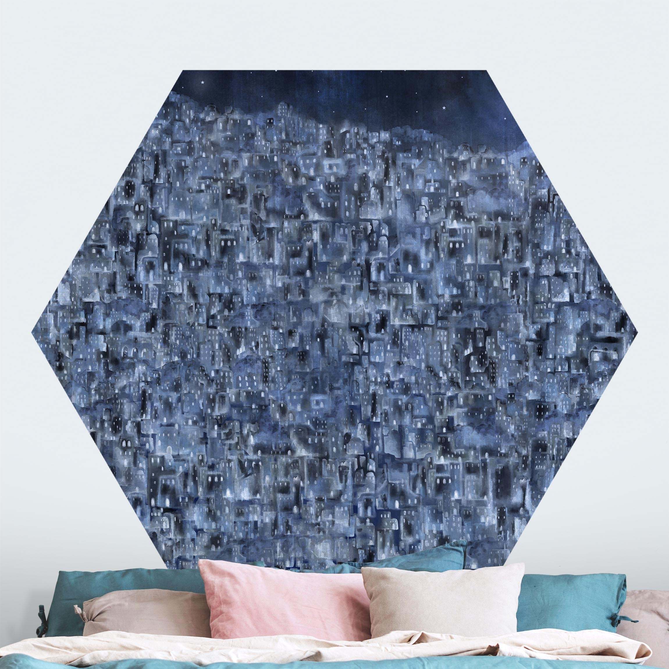 Hexagon Tapete selbstklebend Große Städte bei Nacht