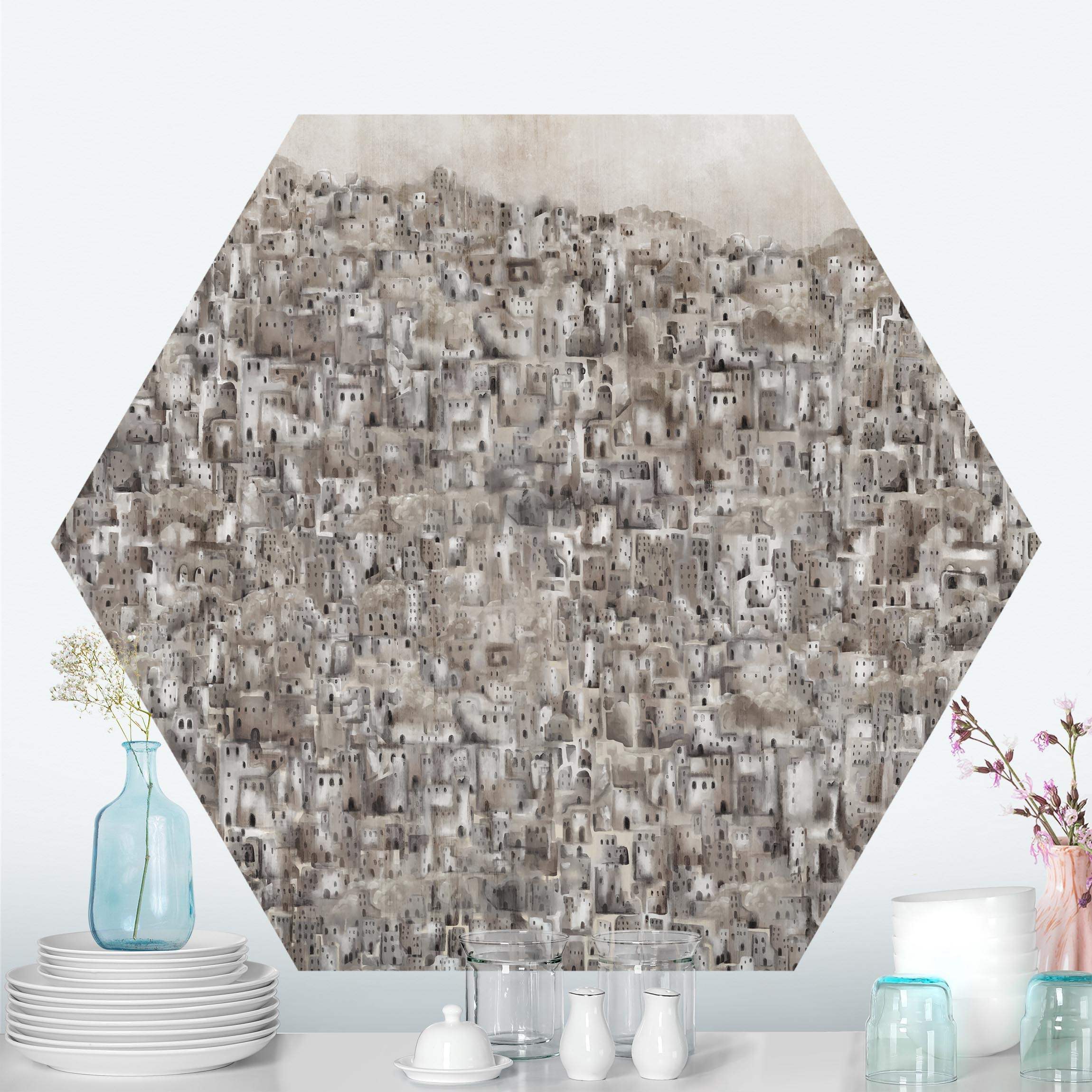 Hexagon Tapete selbstklebend Große Städte bei Tag