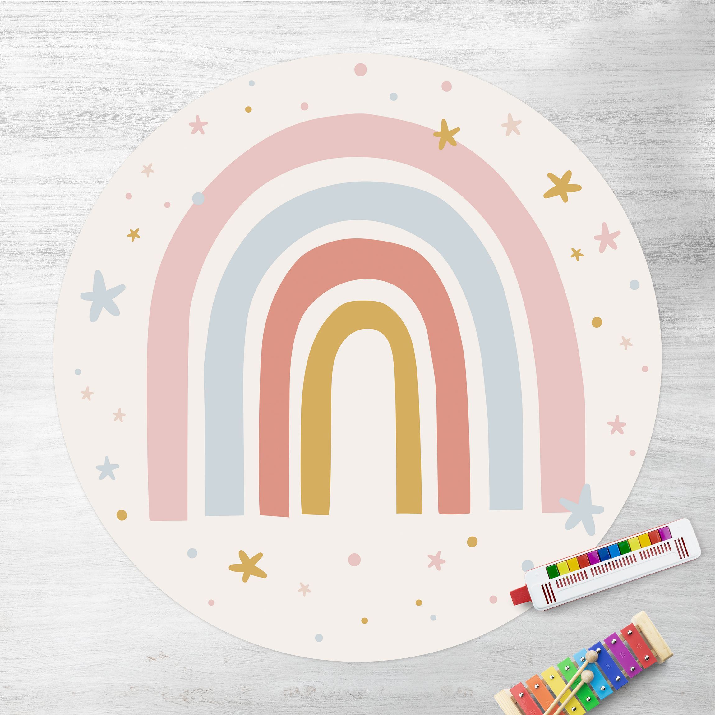 Runder Vinyl-Teppich Großer Regenbogen mit Sternen und Pünktchen