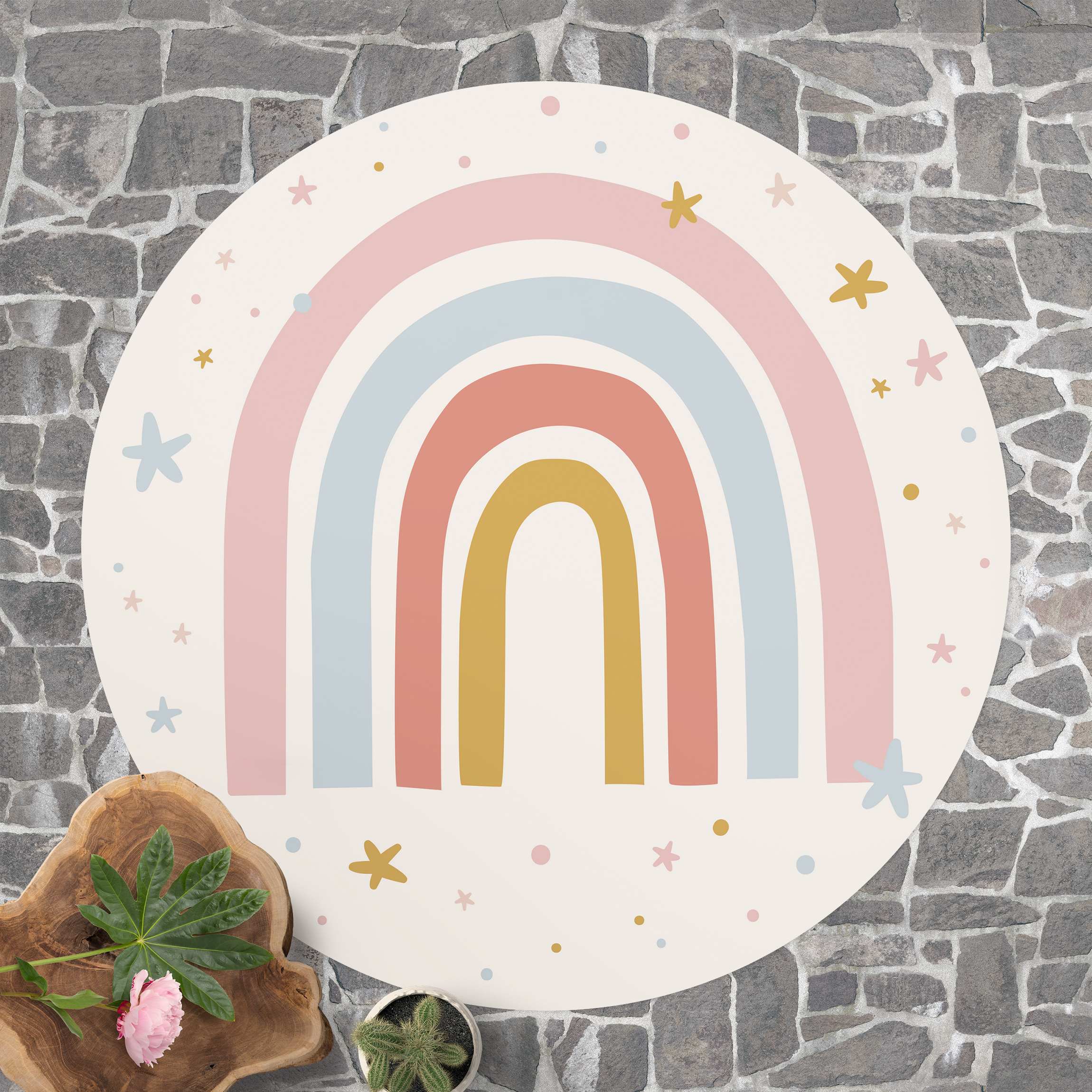 Runder Vinyl-Teppich Großer Regenbogen mit Sternen und Pünktchen