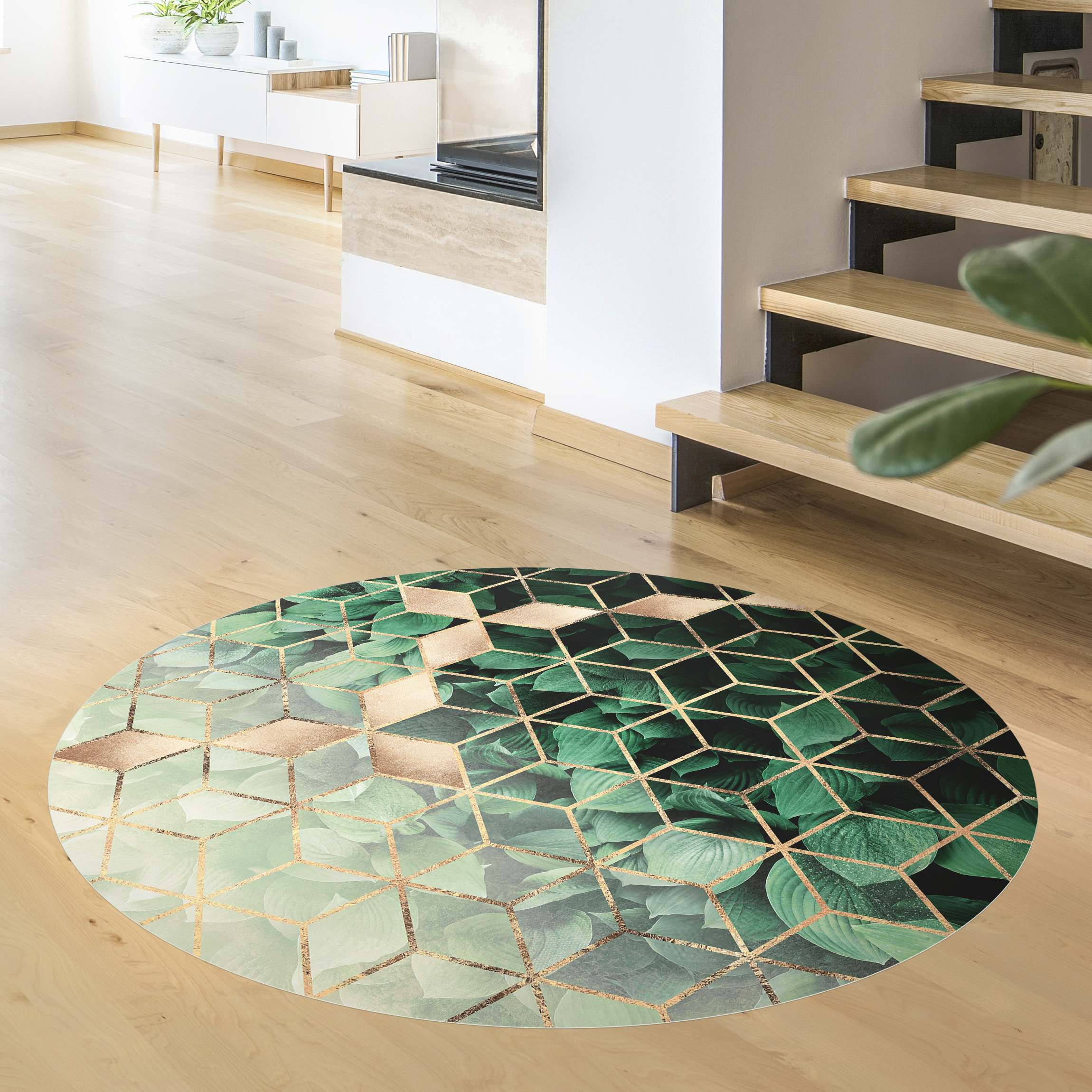 Runder Vinyl-Teppich Grüne Blätter goldene Geometrie