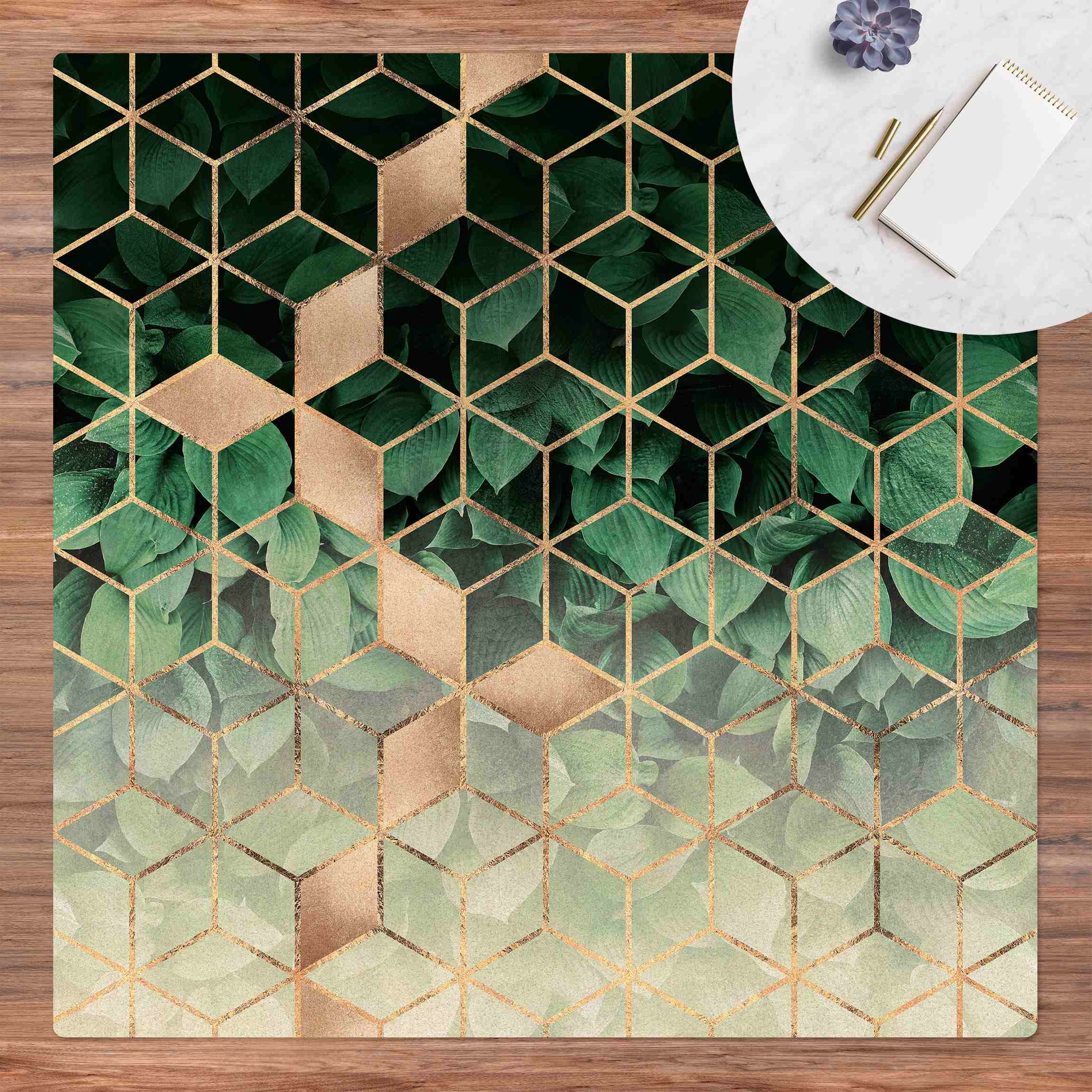 Kork-Teppich Grüne Blätter goldene Geometrie