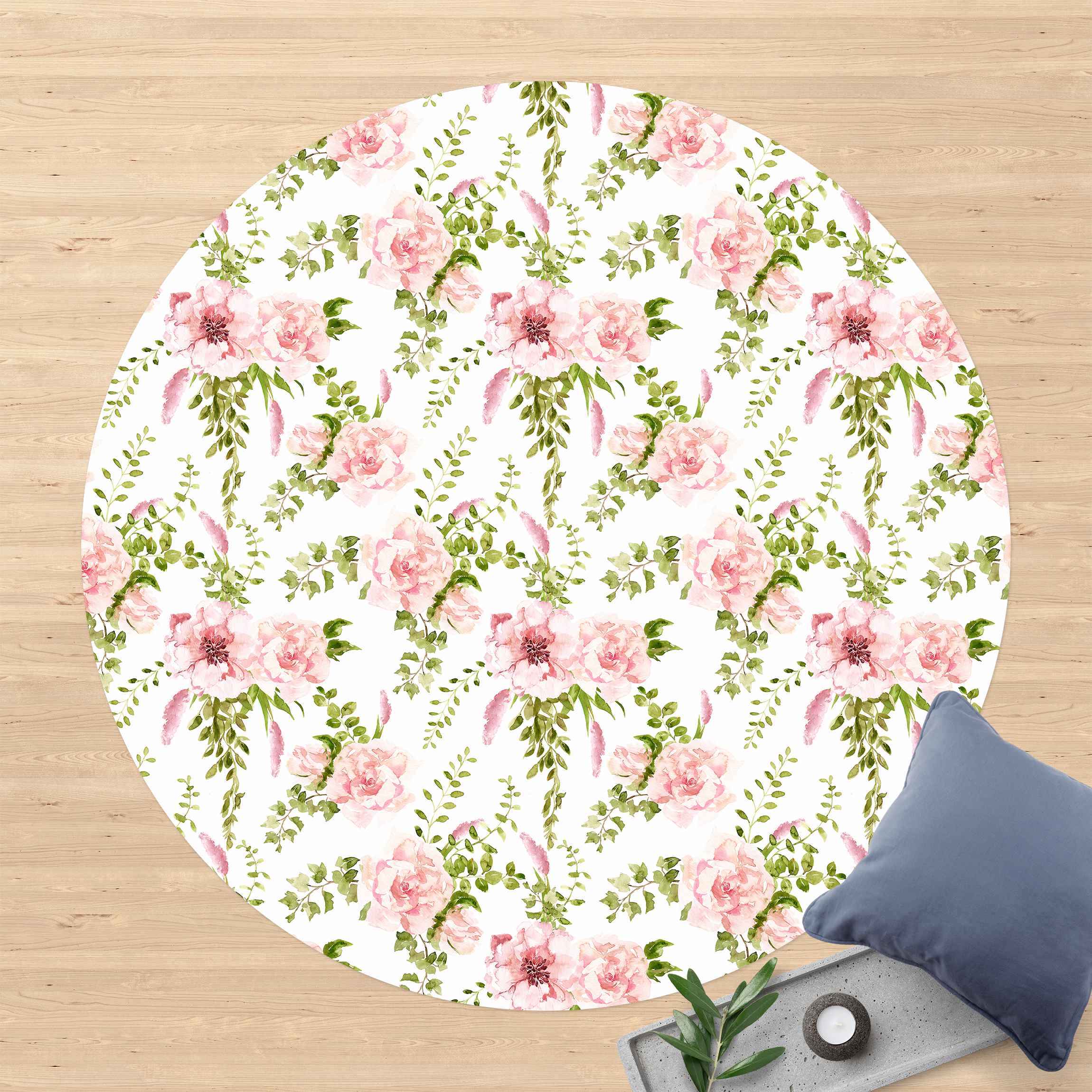 Runder Vinyl-Teppich Grüne Blätter mit Rosa Blüten in Aquarell