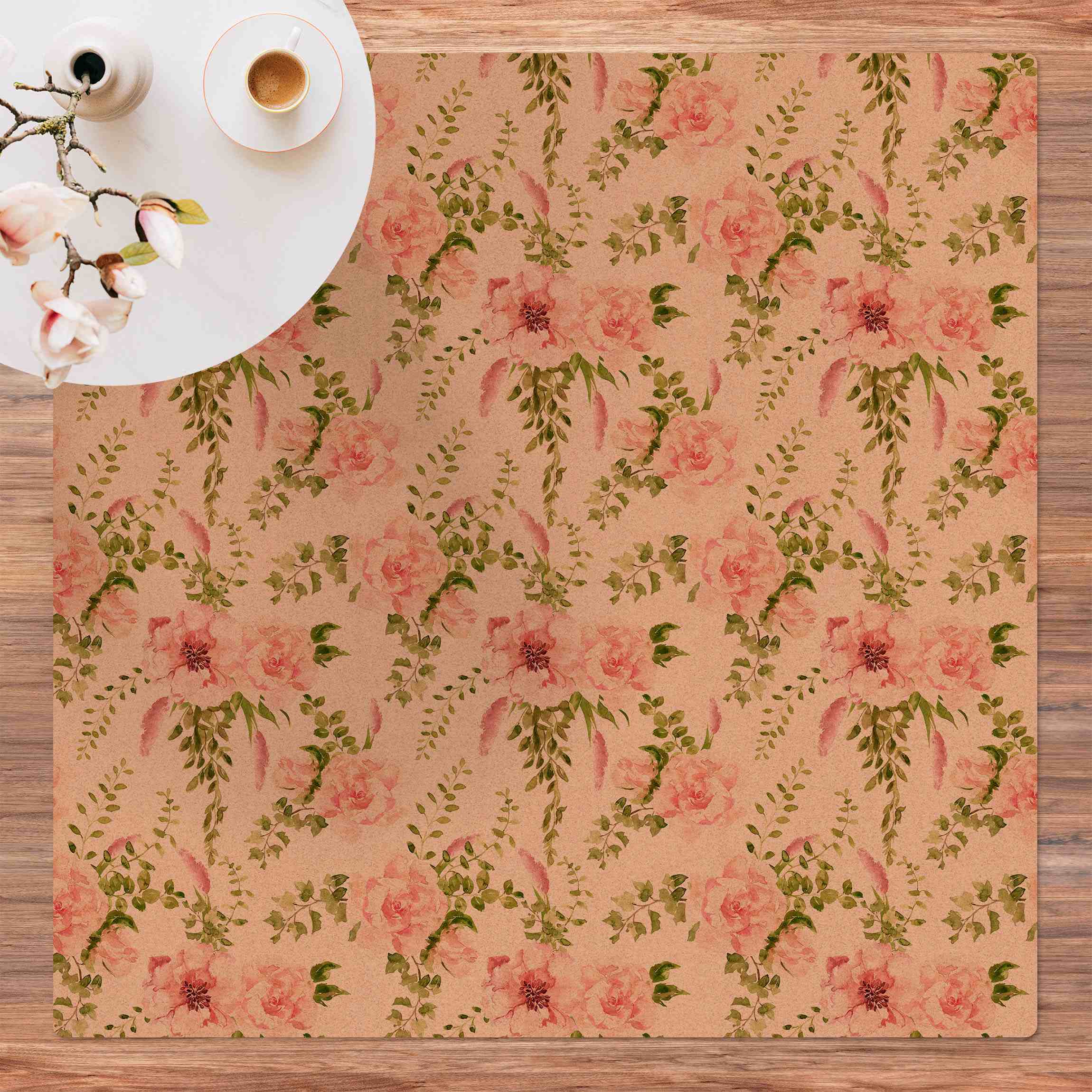 Kork-Teppich Grüne Blätter mit Rosa Blüten in Aquarell